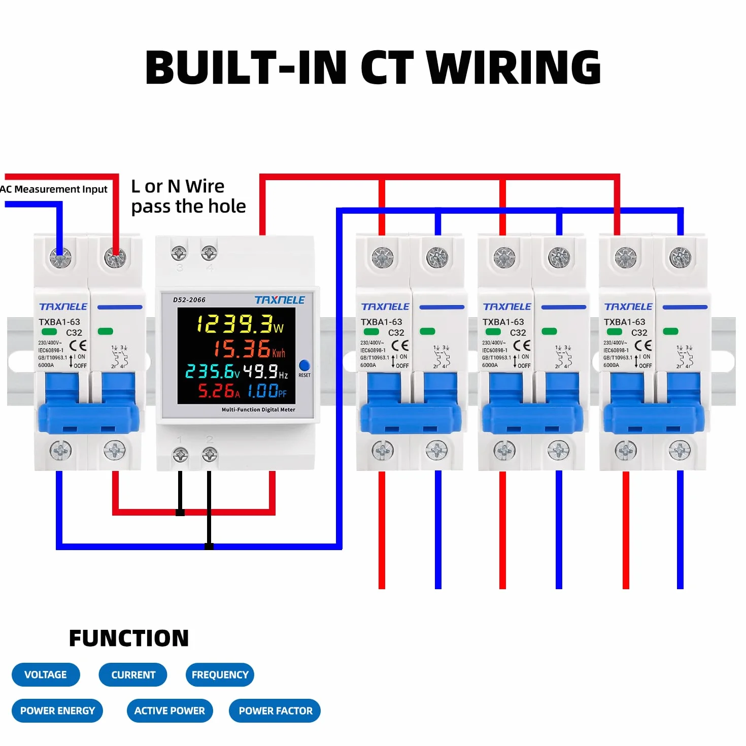 Misuratore di energia monofase Tester Monitor di utilizzo dell'elettricità 6 in 1 Multimetro AC 40-300V 100A Voltmetro Amperometro Watt Kwh Frequenza Misuratore di potenza 230V (TA incorporato)