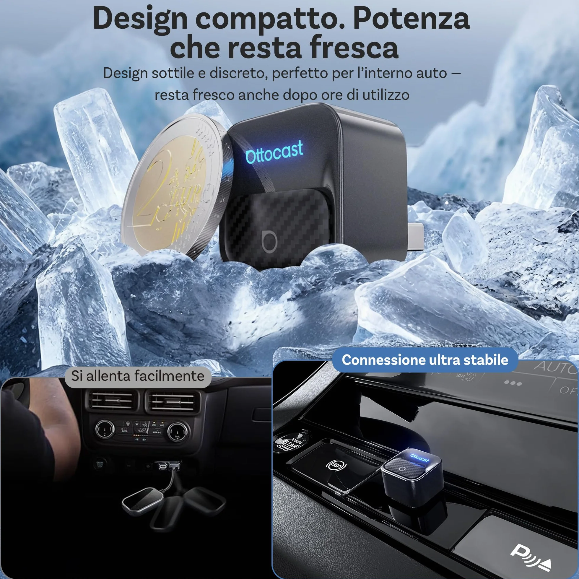 OTTOCAST Mini Core Adattatore Wireless 2 in 1 per CarPlay e Android Auto, Dongle Compatto con Wi-Fi 6 e Bluetooth 5.4, Pulsante Smart Switch, Connessione Automatica