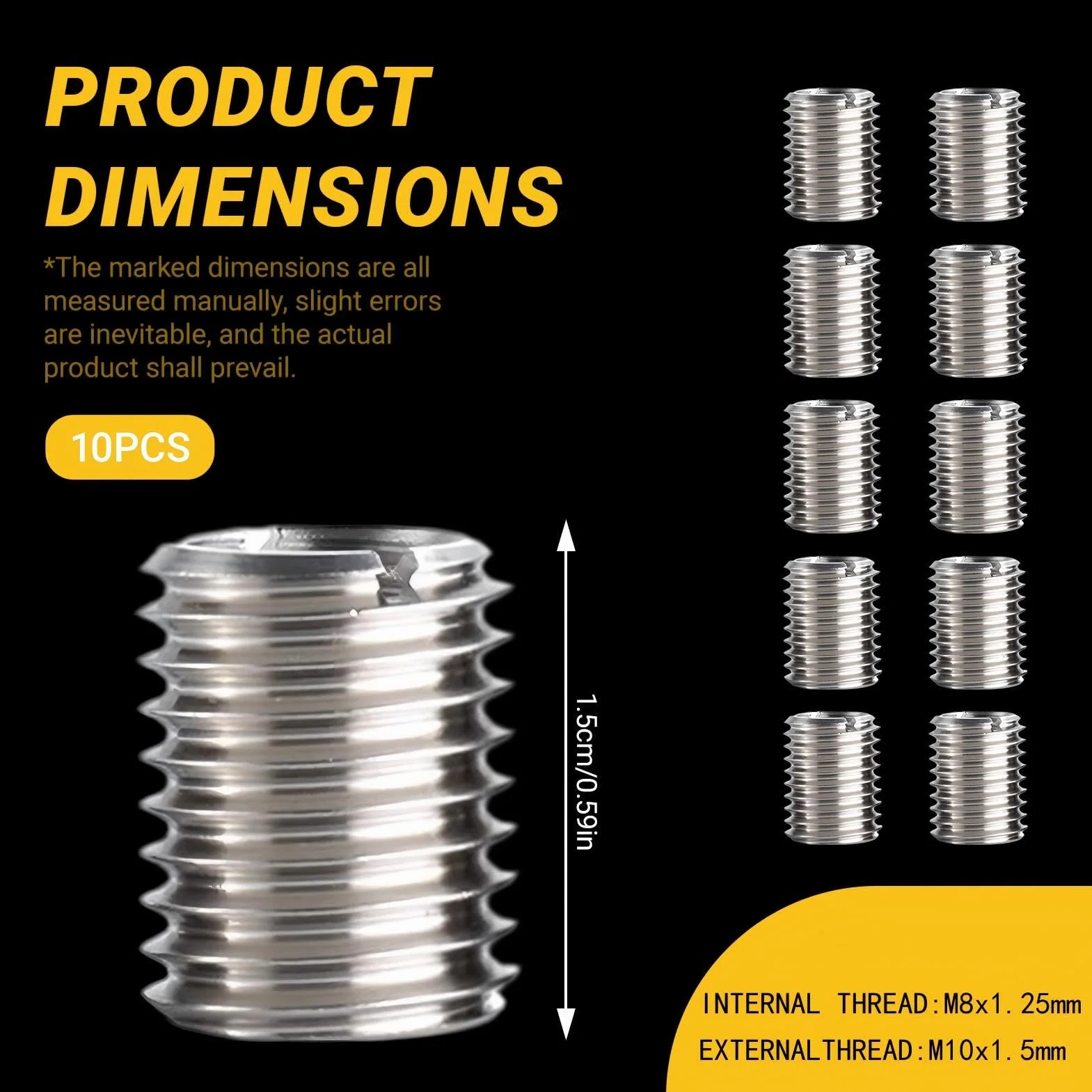 10 Pezzi Inserto Filettato M10 a M8, Boccola Filettata Acciaio Inox 15 mm, Boccola di Filettatura, Dado a Inserimento, Adattatore Filetto e Riduttore Filettato per Riparazione, Montaggio, Mobili