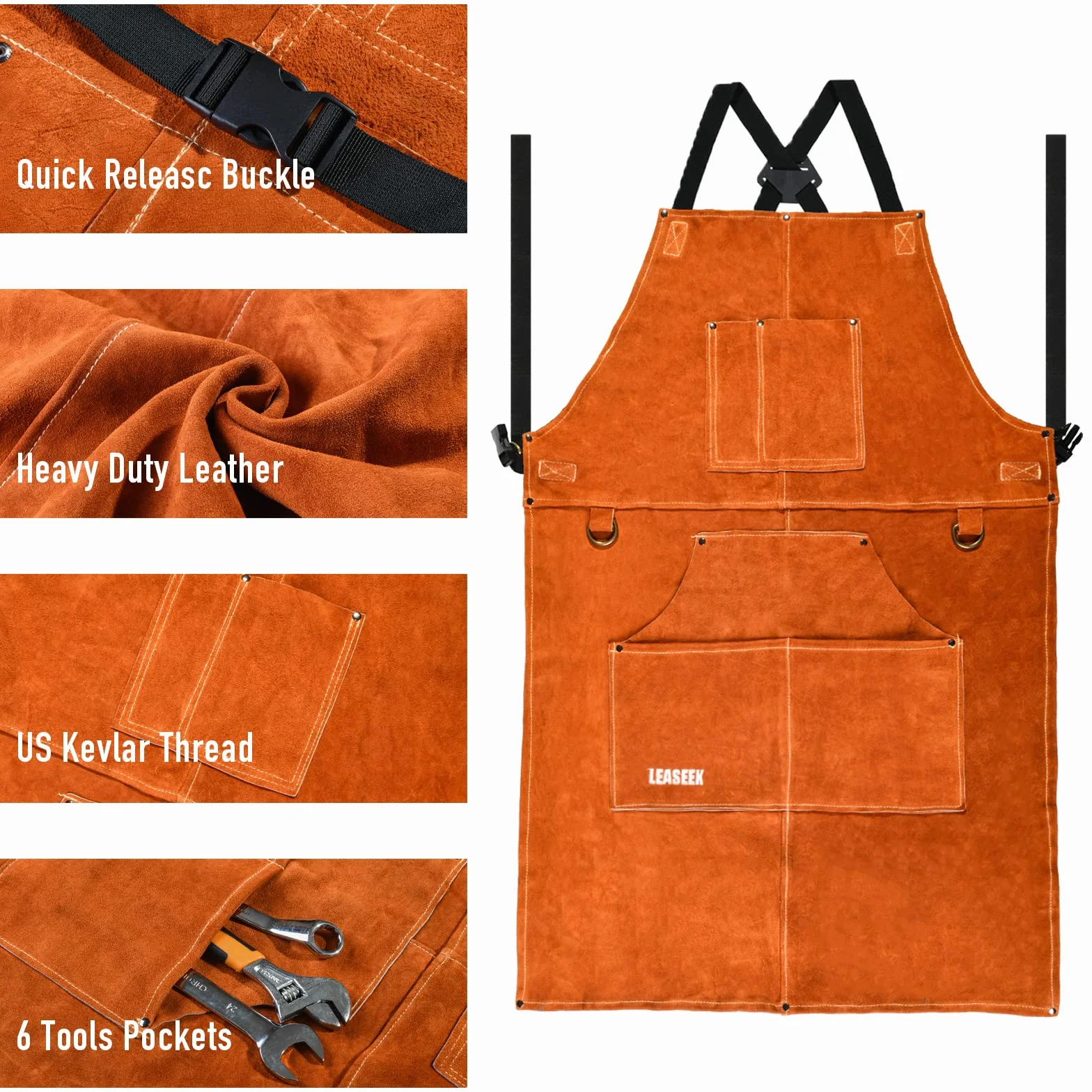 LeaSeek Grembiule per Saldatura in Pelle Bovina con 6 Tasche per lavoro degli Utensili Pesanti con filo più Forte di Kevlar Americano, Regolabile da M a XXL per Uomo e Donna