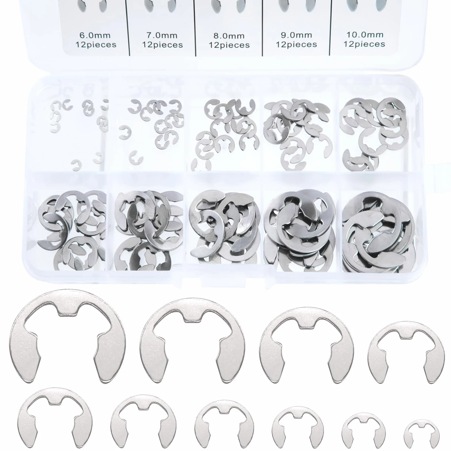 E-clip Esterna Anello Sicurezza In Acciaio Inox 120 pezzi 10 Dimensioni Snap Anello Assortimento Kit 1,5-10 mm