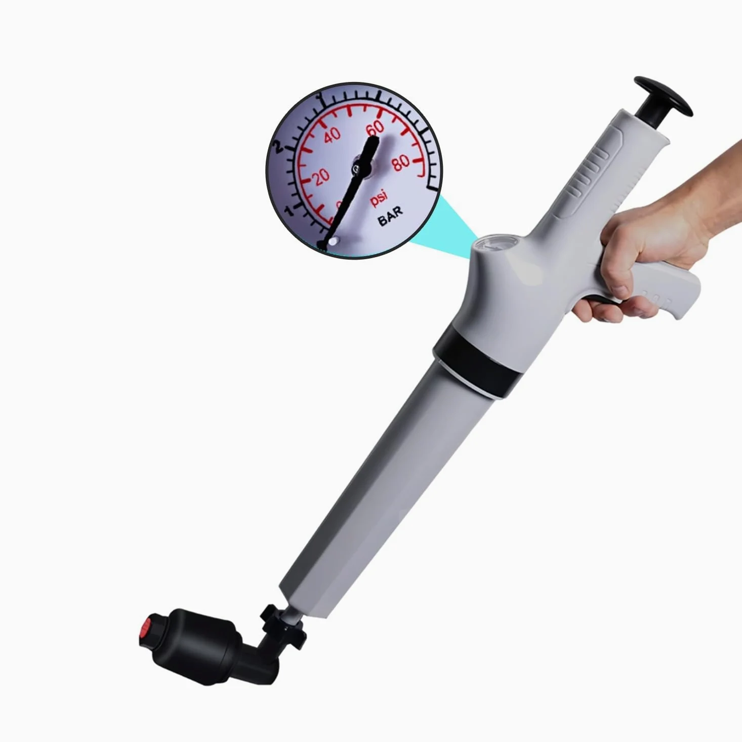 Pompa Stura Scarichi a Pressione, Stantuffo per WC ad Aria Compressa con Barometro, Stura Lavandini con 4 Teste di Pistone, per WC, Lavandino, Scarico a Pavimento, Grigio