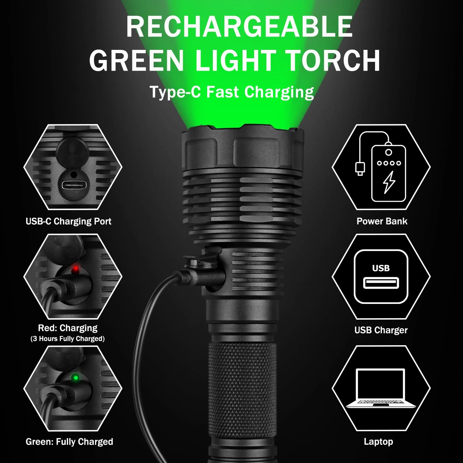 UltraFire Torcia da caccia ricaricabile, luce verde, 520-530 nm, luce verde, portata 350 metri, 2 modalità per visione notturna, osservazione selvaggia, lettura di mappe, pesca, campeggio, C15S-G