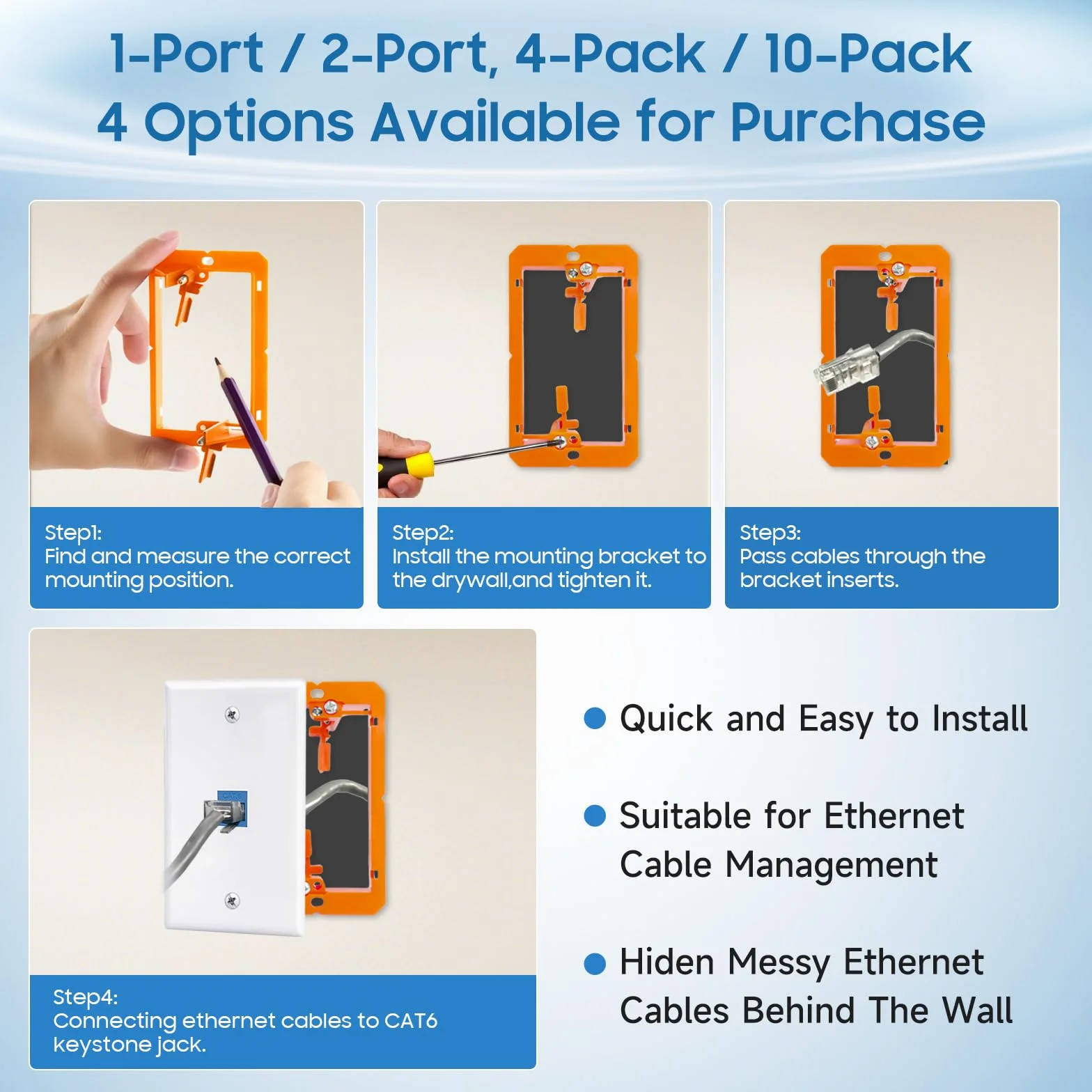 Confezione da 10 prese Ethernet a muro, 1 porta Cat6 RJ45 Keystone Jack con staffa di montaggio a bassa tensione a banda singola, piastra a parete Ethernet, accoppiatore blu femmina a femmina