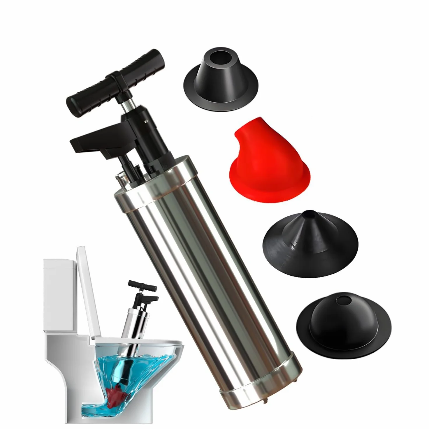 Stura WC con 4 Ventosas, Sturalavandini a Pressione con Barometro, Pompa Stura Scarichi a Pressione, Stura WC ad Aria Compressa, Sblocco Rapido, per WC Lavello Pavimento Lavabo