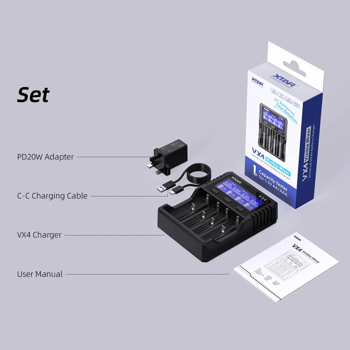 XTAR Caricabatteria VX4, tester di capacità, 3.6/3.7V Li-ion, 1.5V Li-ion, 1.2V Ni-MH, 3.2V LiFePO4 compatibile, schermo LCD, protezione da sovra-scarica