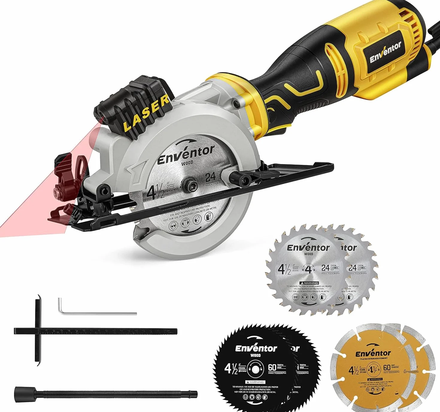 Enventor Mini Sega Circolare 705W, Sega Circolare 3500RPM con Guida Laser, Taglio Massima:42.8mm(90°) e 20mm(45°), 6 Lame adatto da 115mm (24T&60T) per Tagliare Piastrelle, Plastica, Metallo e Legno