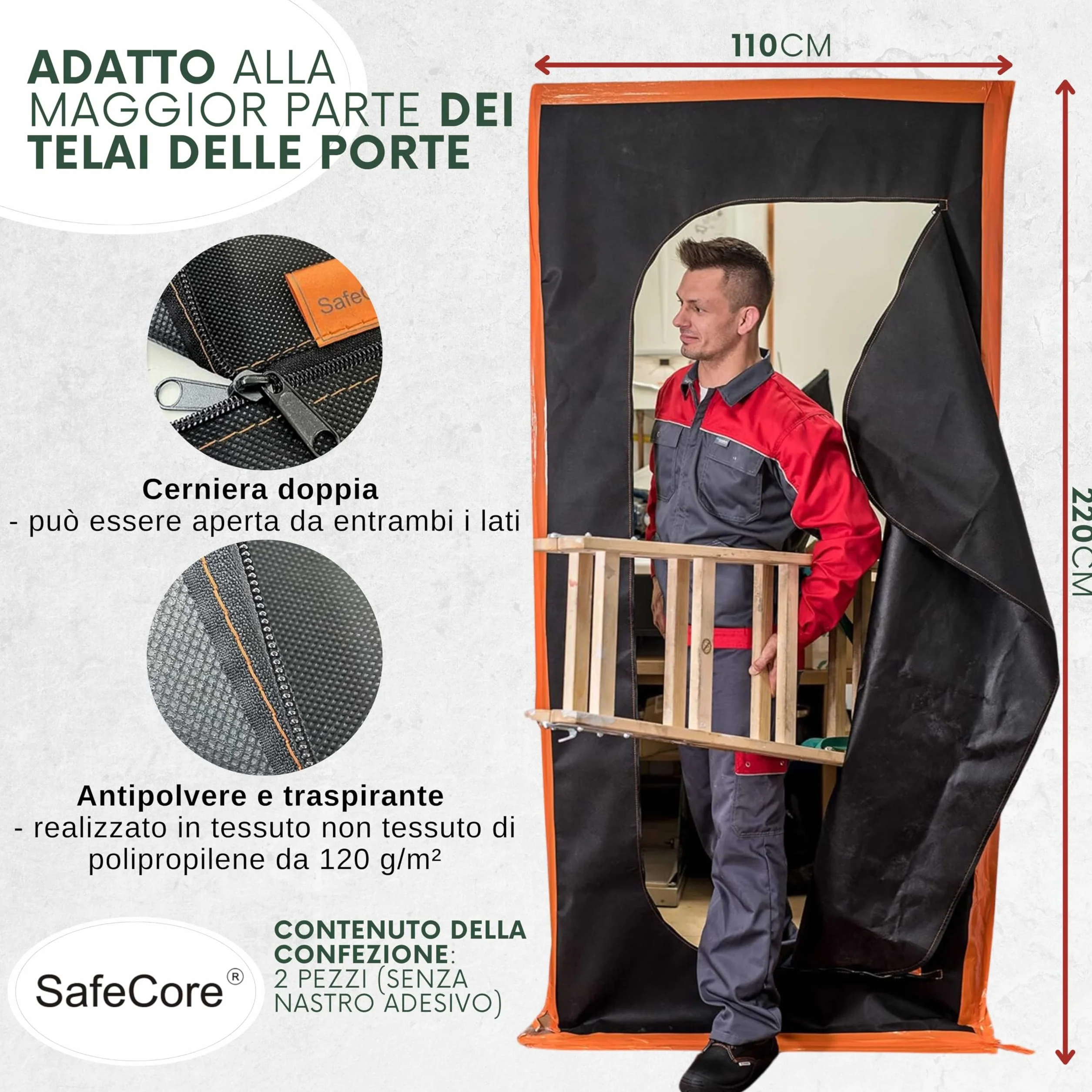 SafeCore Porta Antipolvere 220x110 cm 2 Pezzi, Cerniera Doppia, Tessuto Non Tessuto Polipropilene 120 g/m²