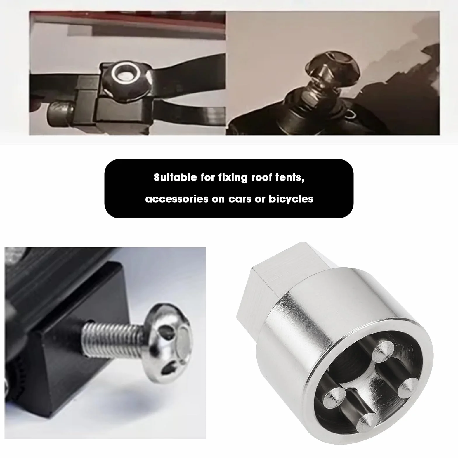 Kit Dadi Antifurto M8 4 Fori Acciaio Inox Portabici Tetto Tenda Sistema Solare Argento