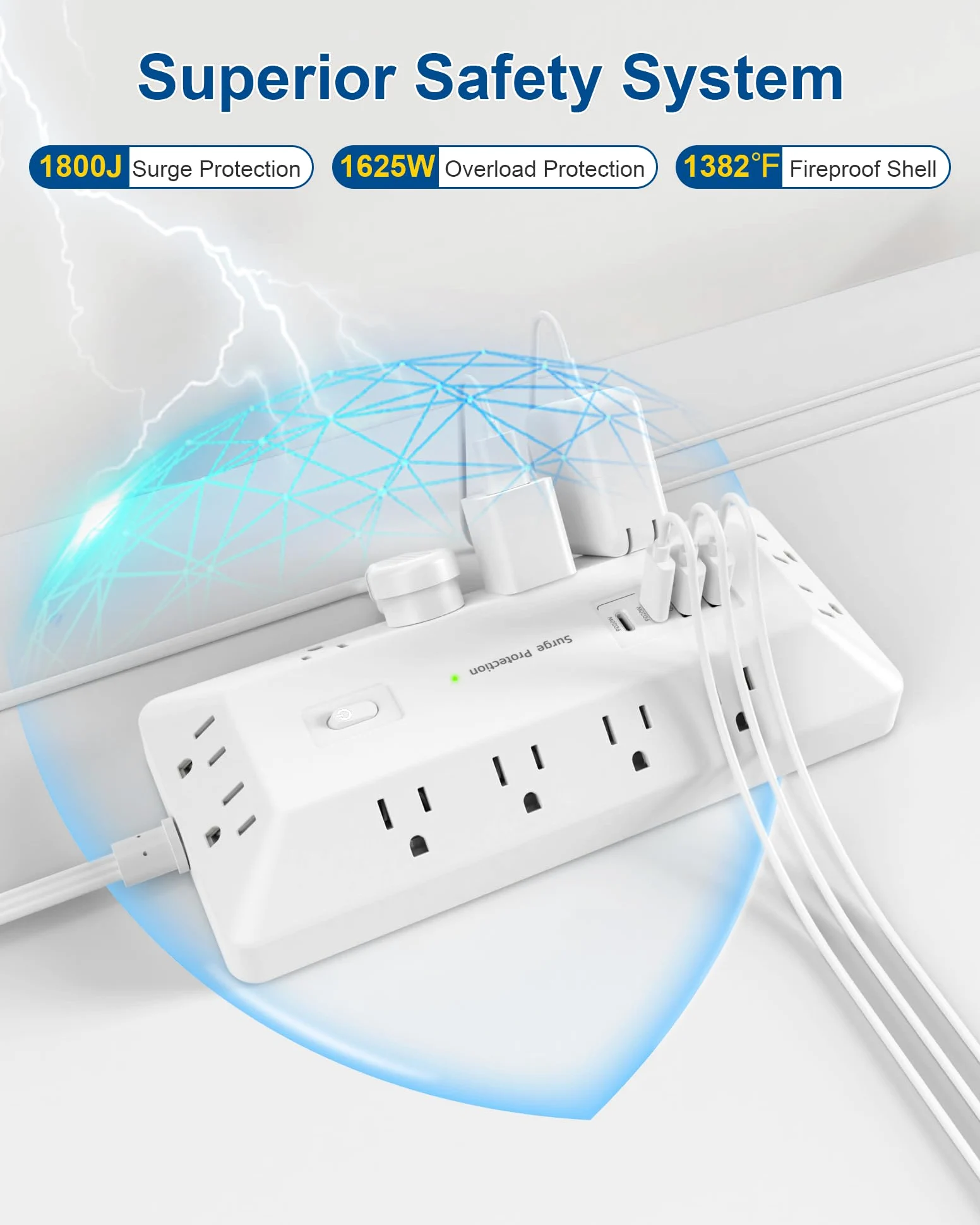 Ciabatta per computer con protezione da sovratensioni, 12 prese AC, 2 USB-C 2 USB-A, cavo di prolunga piatto da 1,8 m per stazione di ricarica