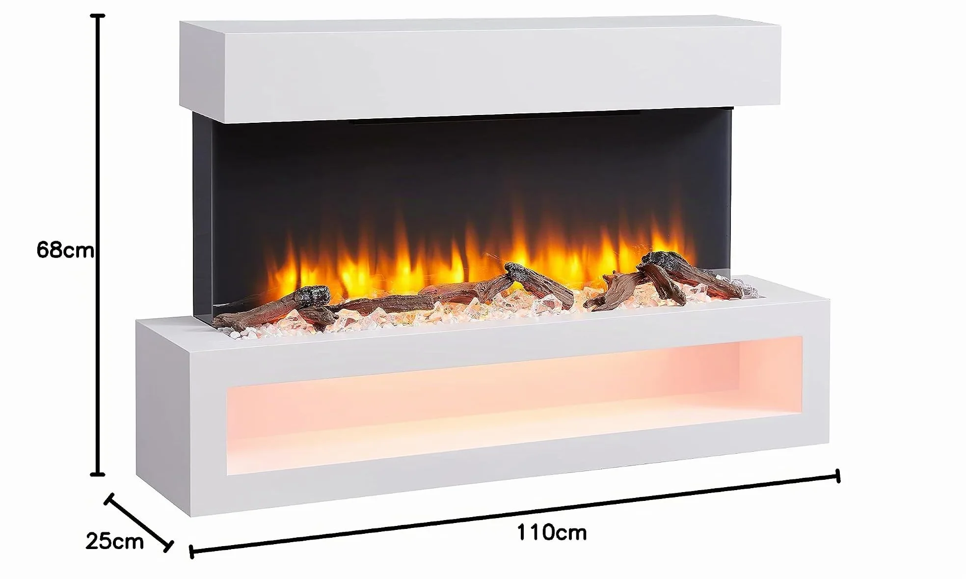 BALDERIA camino elettrico Nikos | Caminetto elettrico a muro effetto fiamma 3D | Riscaldamento elettrico 2000 W, luce LED | Focolare sospeso a parete con telecomando, timer, termostato | Bianco
