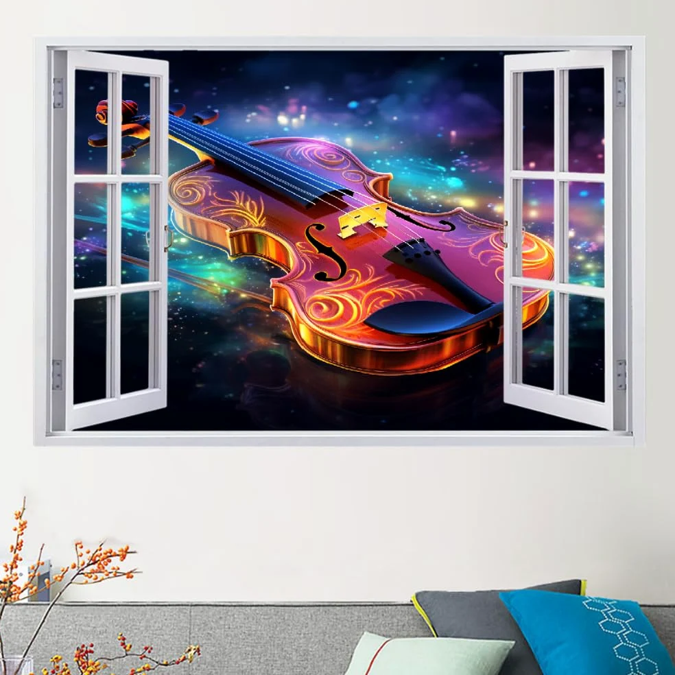 Decalcomanie da muro Art 3D Fracassato Chitarra Adesivi murali removibili Arte Astratta Carta da parati Camera da letto autoadesivo per ragazze Camera da letto Nursery Home Decor Gift