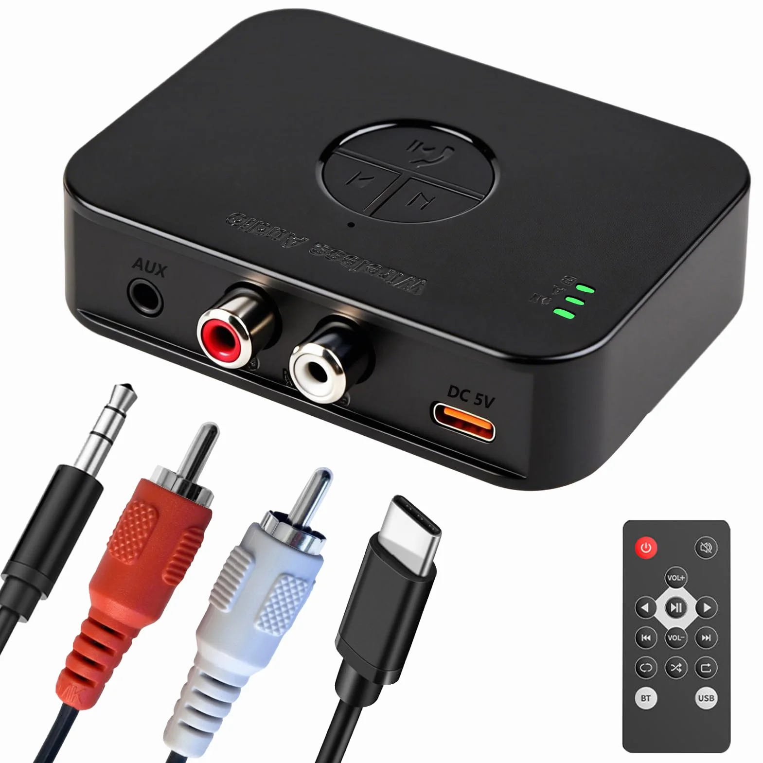 Adattatore Bluetooth 6.0 stereo, doppia connessione 3,5 mm AUX & RCA output, ricevitore Bluetooth per altoparlanti, amplificatore e autoradio, ricevitore audio HiFi Bluetooth con telecomando e 3D