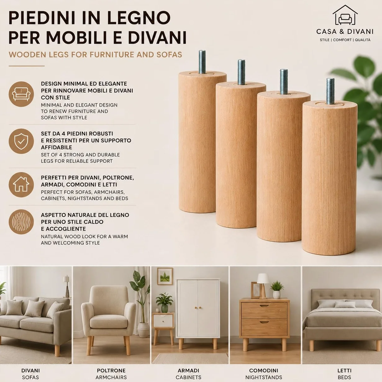 IPEA Piedini in Legno per Mobili e Divani Altezza 140 mm Set di 4 Vite M10