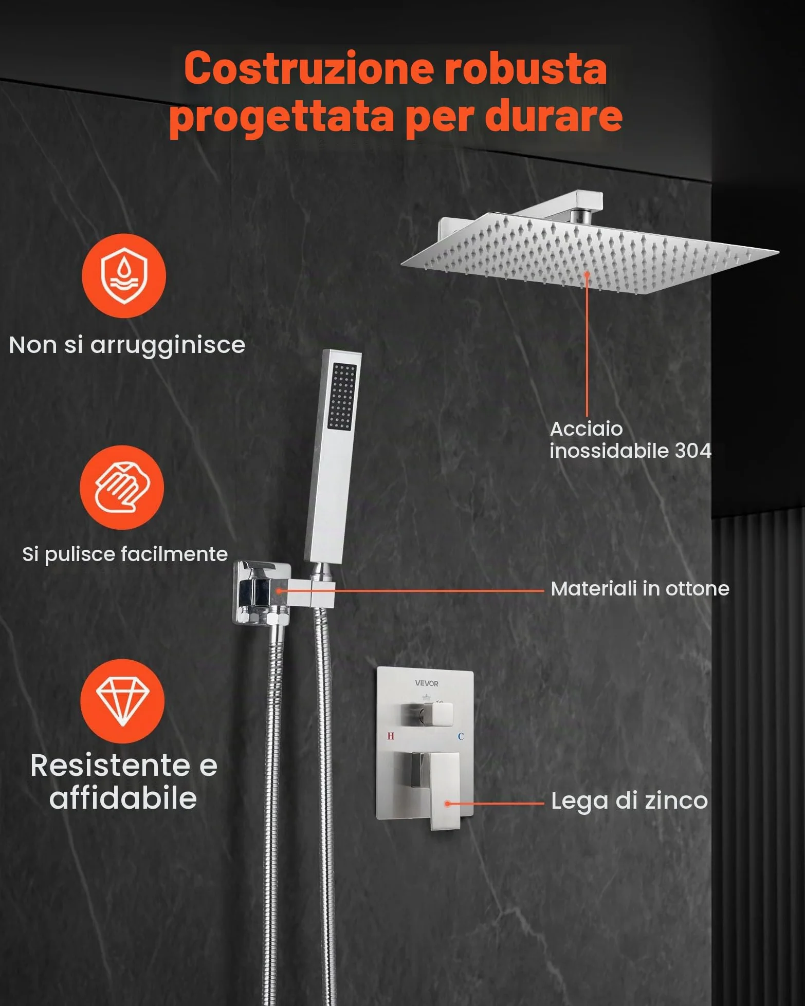 VEVOR Set Doccia, Sistema Doccia a Pioggia per Bagno con Soffione Quadrato da 30,5 cm e Doccetta, Accessori per Vasca da Parete con Valvola in Ottone e Kit di Finitura, Nichel Spazzolato