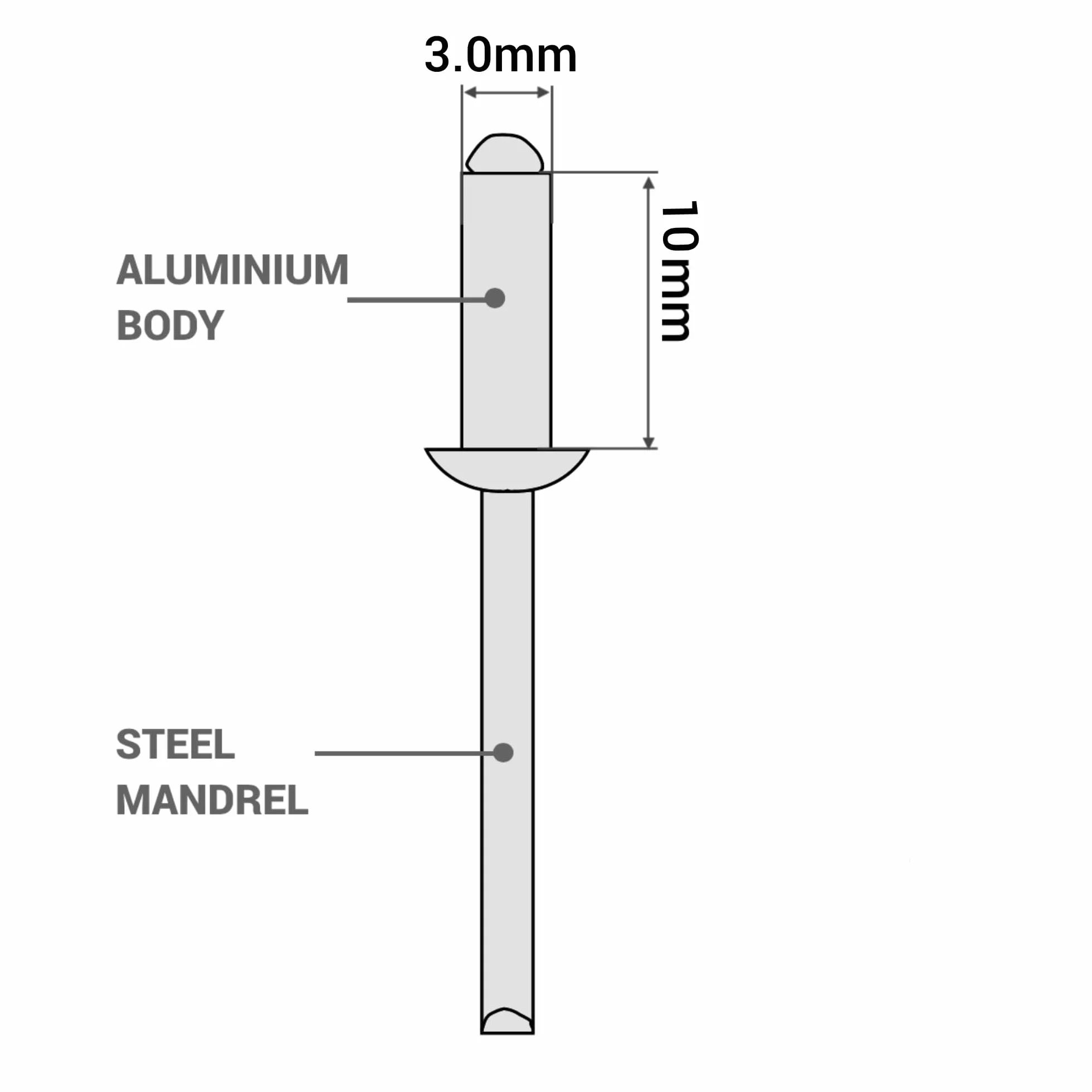 SKIR'CO 500 rivetti ciechi in alluminio 3,0 x 10 mm, mandrino in acciaio, DIN 7337