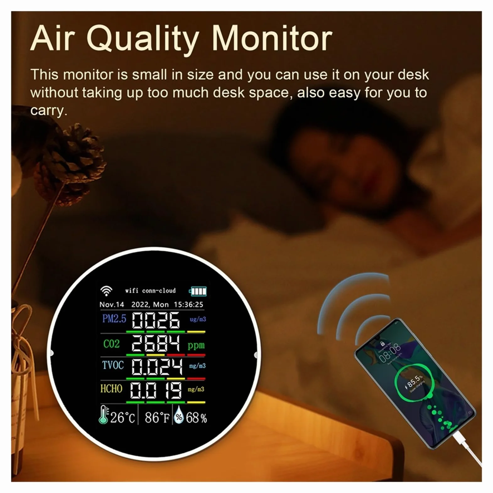 Misuratore di qualità 'aria 7in1 PM2.5 CO2 TVOC HCHO Tester umidità a temperatura Controllo APP con funzione allarme calendario,Alta Precisione