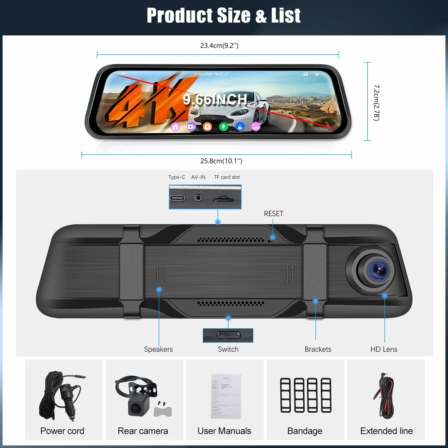 OiLiehu 9,66 Pollici Touchscreen 4K HD Mirror Dashcam con Telecamera Posteriore WiFi Dash Cam per Auto con G-Sensor/WDR/LCA/BSD/Monitor Parcheggio/Registrazione in Loop/Grandangolo 150°/Visione Nott