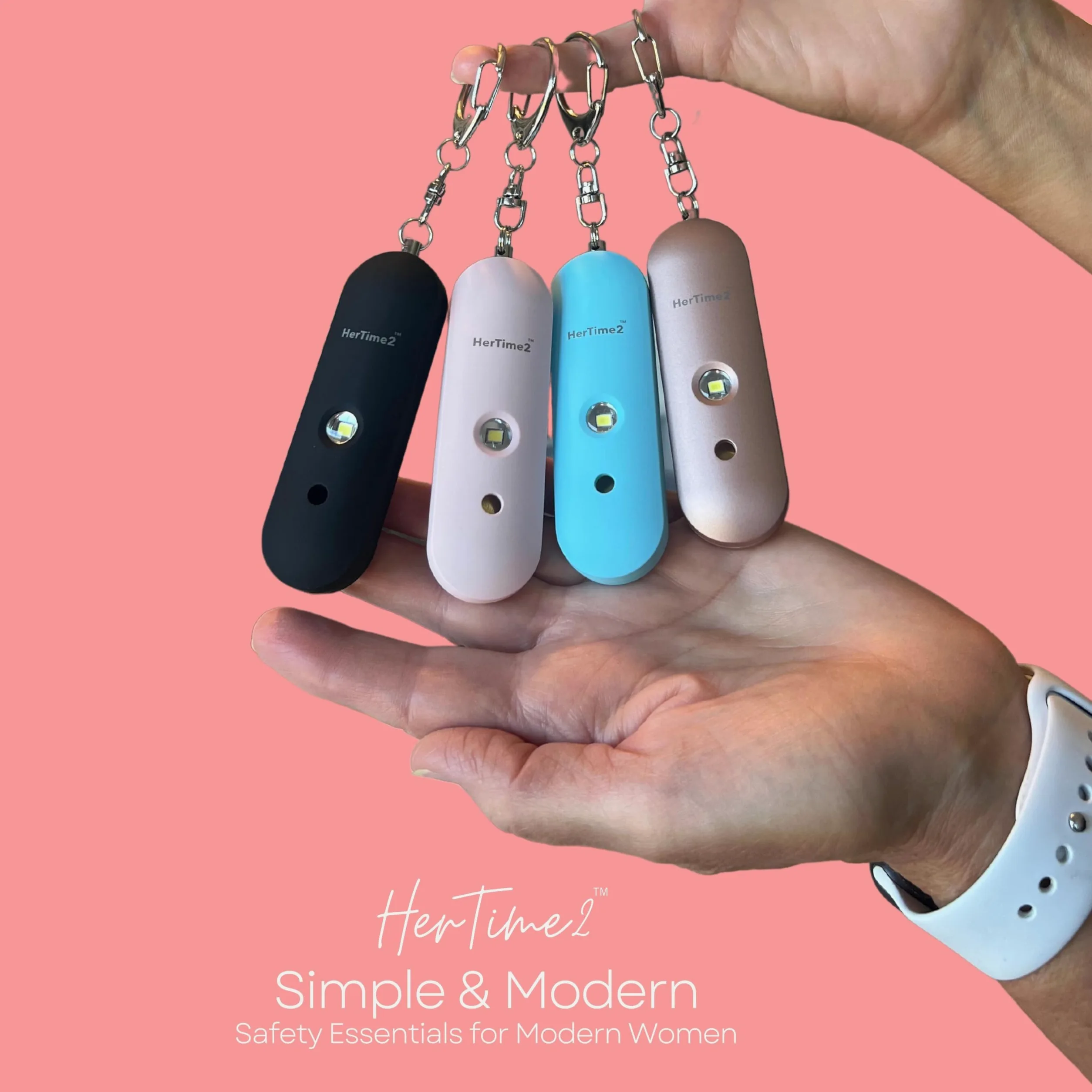 HerTime2 Allarme di sicurezza personale da donna, sirena di autodifesa, portachiavi impermeabile con luce stroboscopica, alimentato a batteria, oro rosa