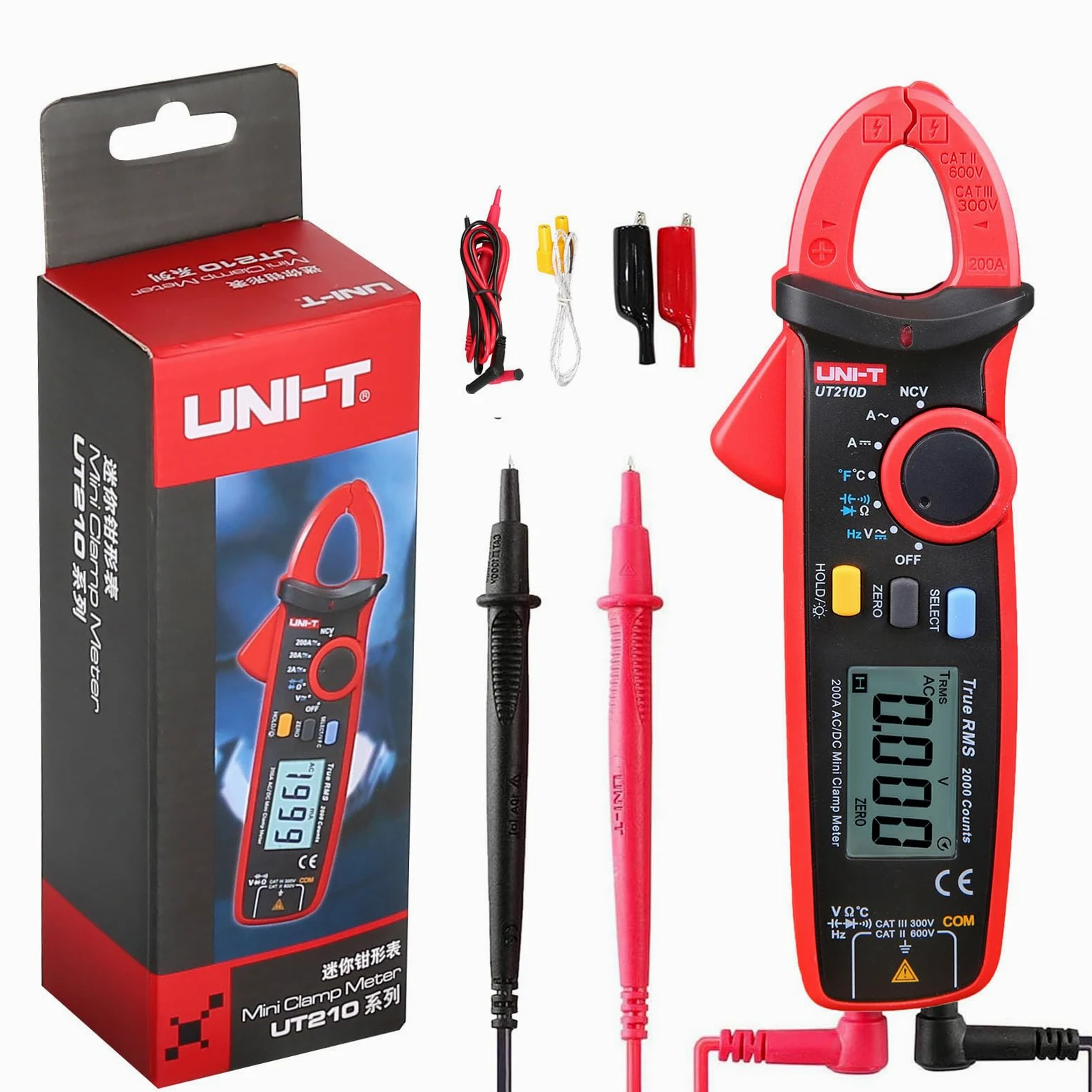 UNI-T UT210D - Mini misuratore digitale a pinza 200 A AC DC, corrente True RMS, amperometro a pinza per frequenza di tensione, tester di temperatura, multimetro con clip a coccodrillo, per uso