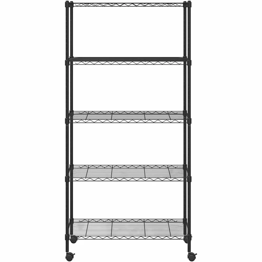 Scaffale in ferro nero con ripiani a griglia e 4 ruote, versatile per cucina, bagno, ufficio, cantina o officina