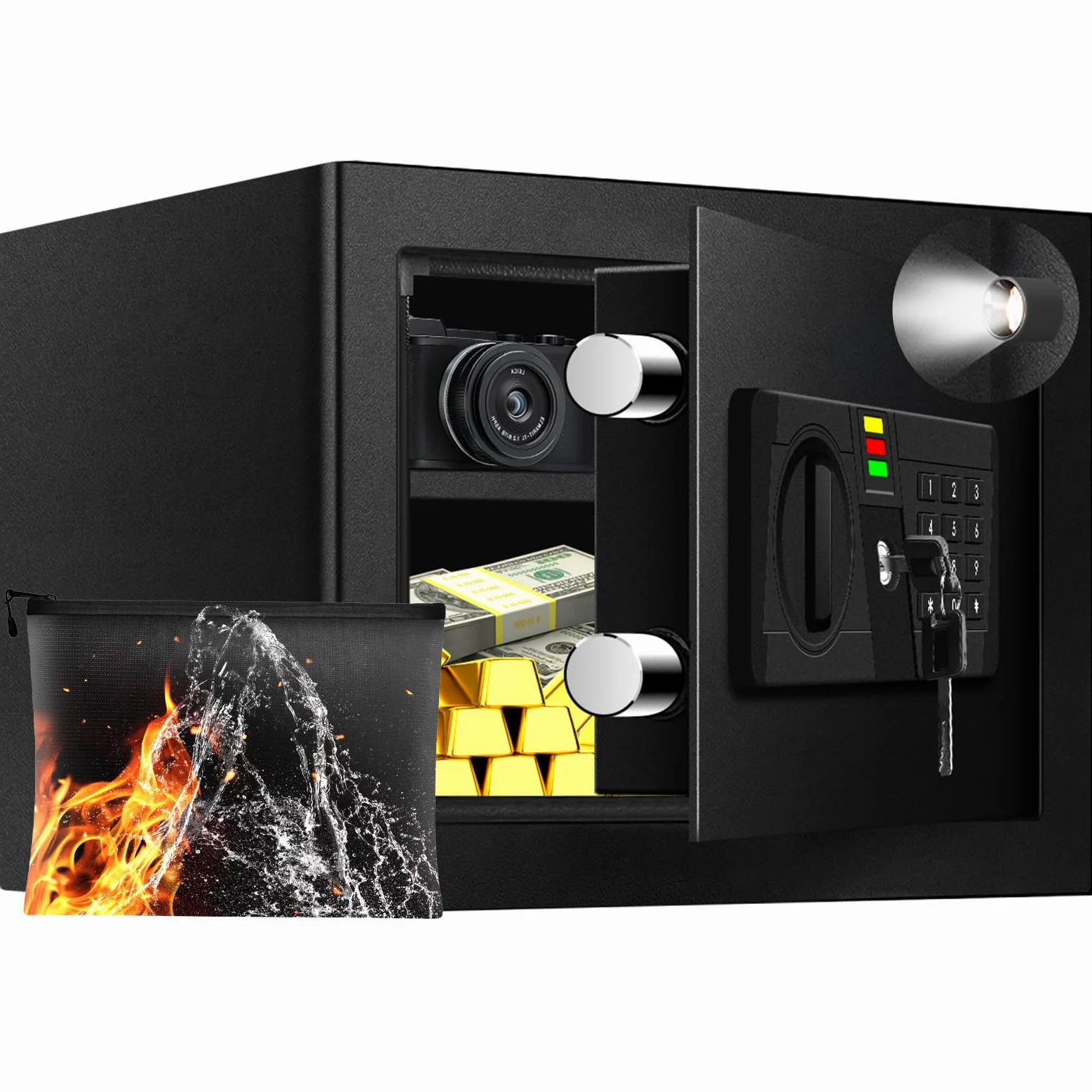 Piccola cassaforte di sicurezza in acciaio con tastiera digitale a LED, 30 l, con borsa ignifuga, contanti sicuri, gioielli, ripiano rimovibile, contenitore per denaro per casa, ufficio
