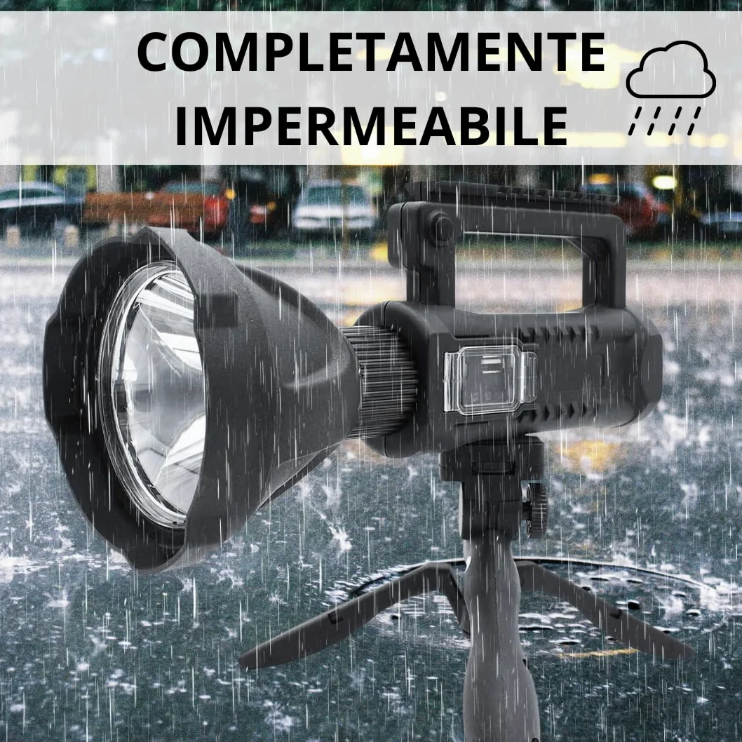 Torcia Led Militare Ricaricabile Powerbank, Lampada Potente 100W 20000 Lumen, Portatile Super Luminosa con 4 Modalità, Luce con Treppiede Supporto, per Pesca Caccia Campeggio Escursionismo Trekking