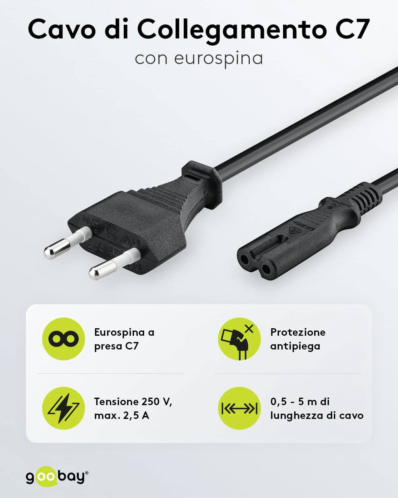 LINK, 95038, CAVO ALIMENTAZIONE CON SPINA ITALIANA BIPOLARE 10A - PRESA 8 FORM DIRITTA FEMMINA C7 MT.3
