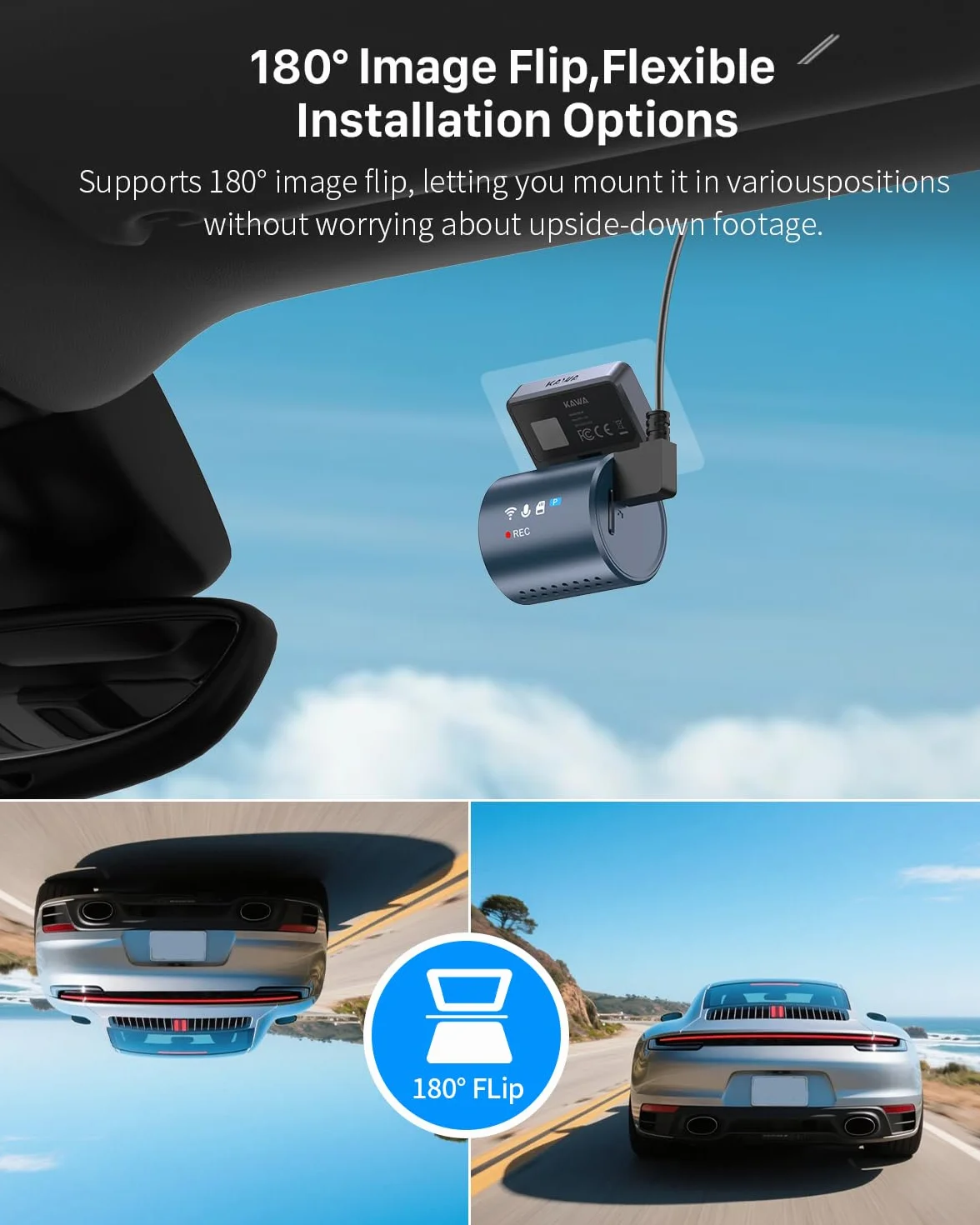 KAWA Dash Cam Auto - Display Trasparente con Controllo Vocale, 2K1296P Piccola Telecamera,Visione Notturna, 145° FOV, Supercondensatore, Include SD 32GB, Sensore G, Controllo App