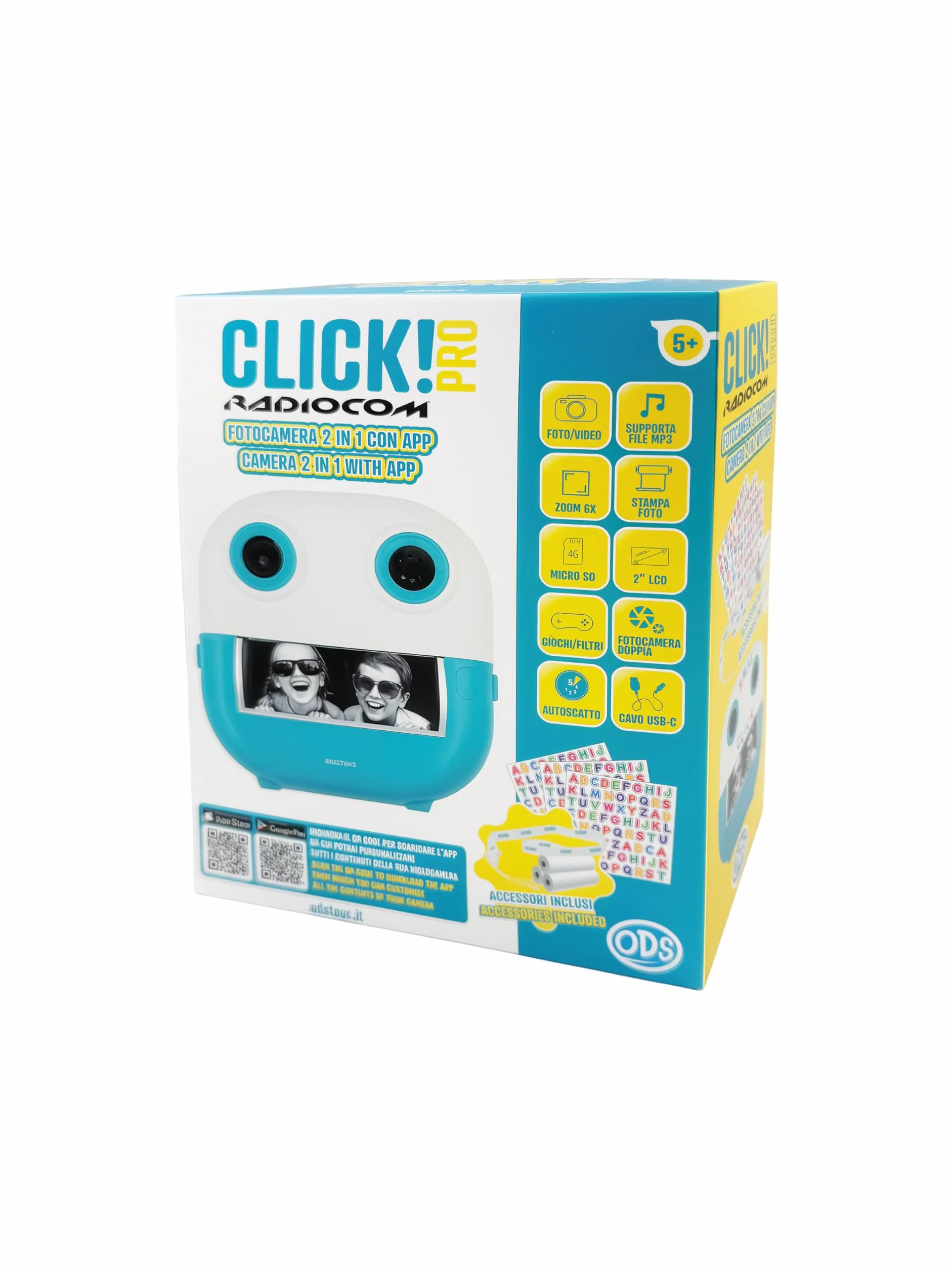 Click! 4 - Fotocamera istantanea per bambini - Doppia fotocamera - Stampa foto e disegni da App - Video 1080p - Zoom 6x - Giochi - MP3 - Display 2" LCD - microSD 4GB - Accessori inclusi