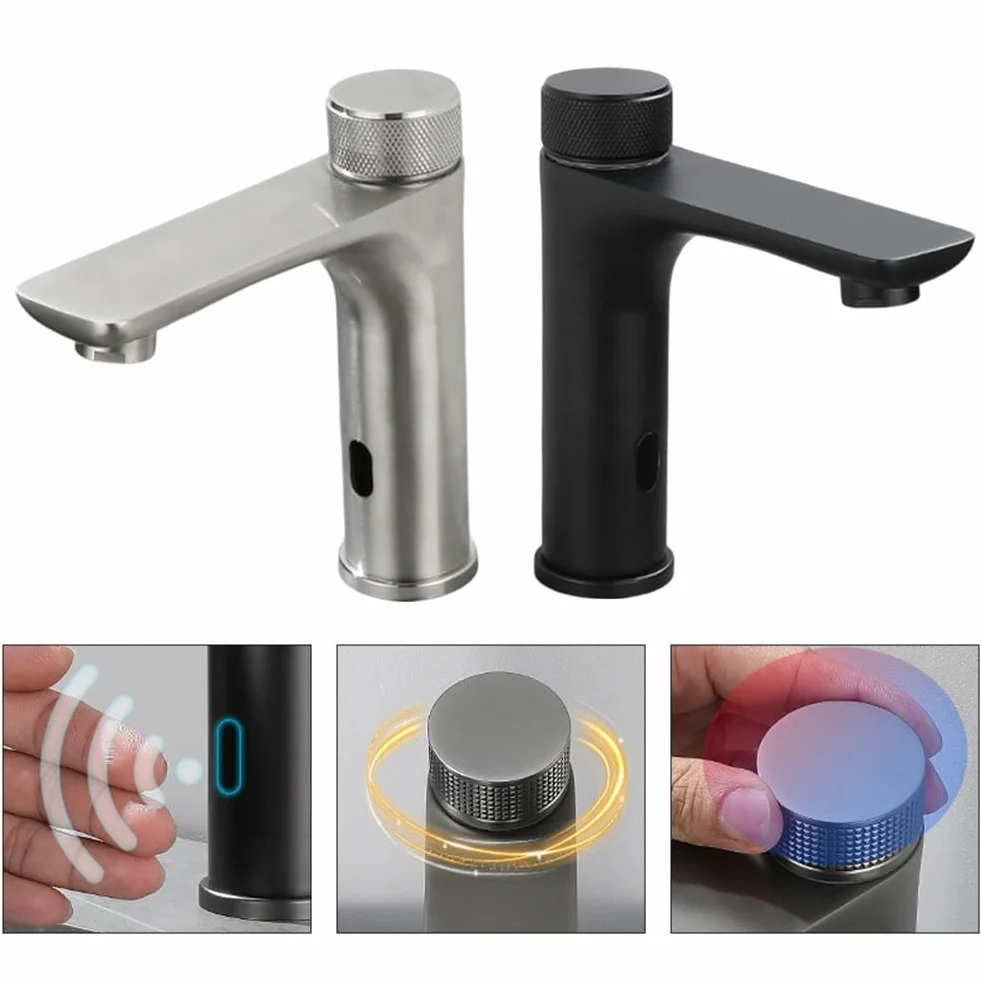 Zilimontt Rubinetto con sensore a infrarossi, in acciaio inox, touchless, automatico per lavabo, miscelatore per acqua calda e fredda