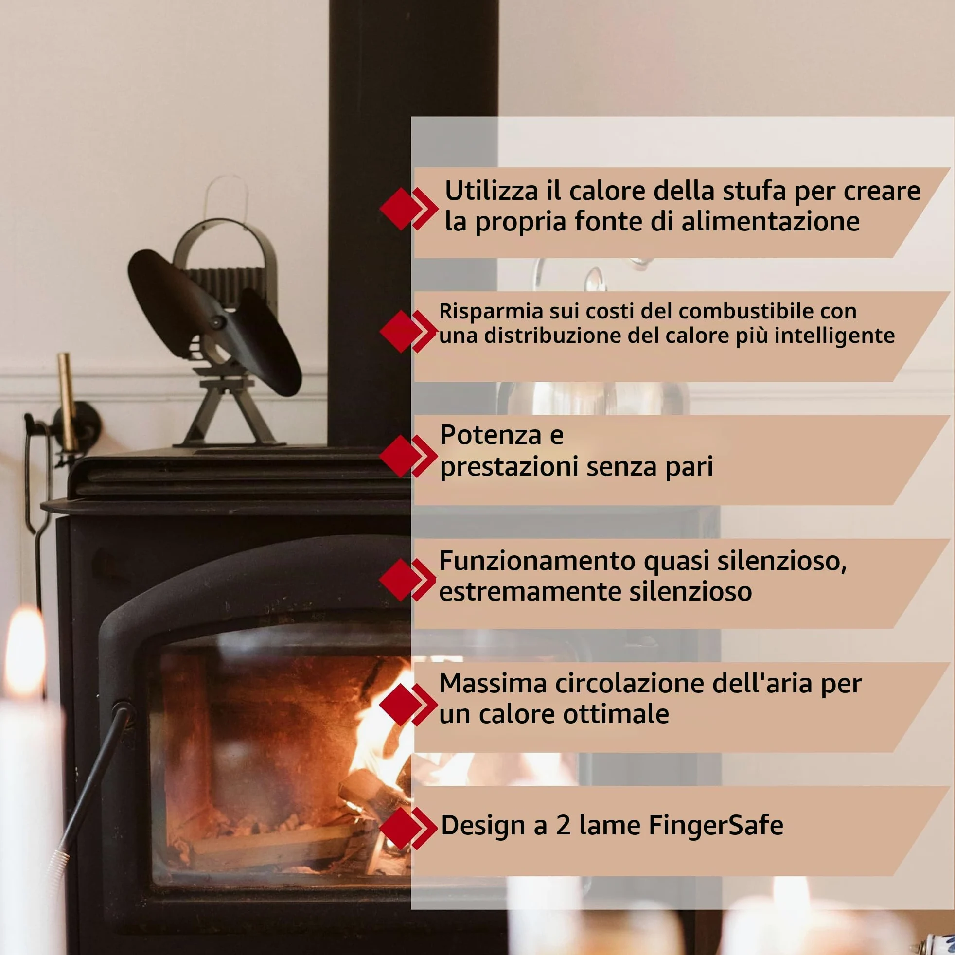 Ecofan AirDeco II, ventola per stufa a legna in stile contemporaneo, alimentata a calore, 322 m3/h, lama in nero da 20,30 cm (8")