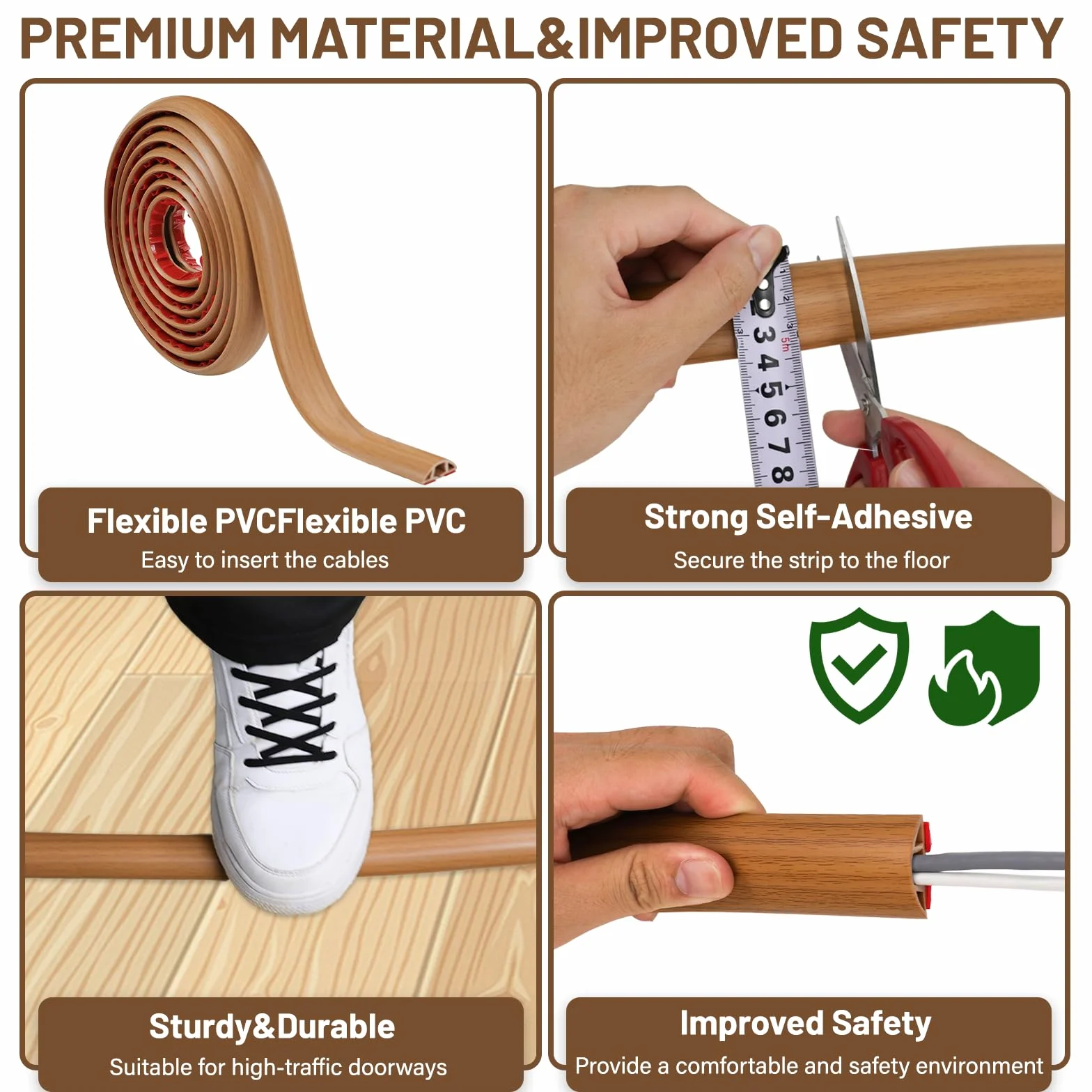 Autoadesivo PVC Passacavo Pavimento Legno 1Mx3cm Protezione per Cavi Alimentazione