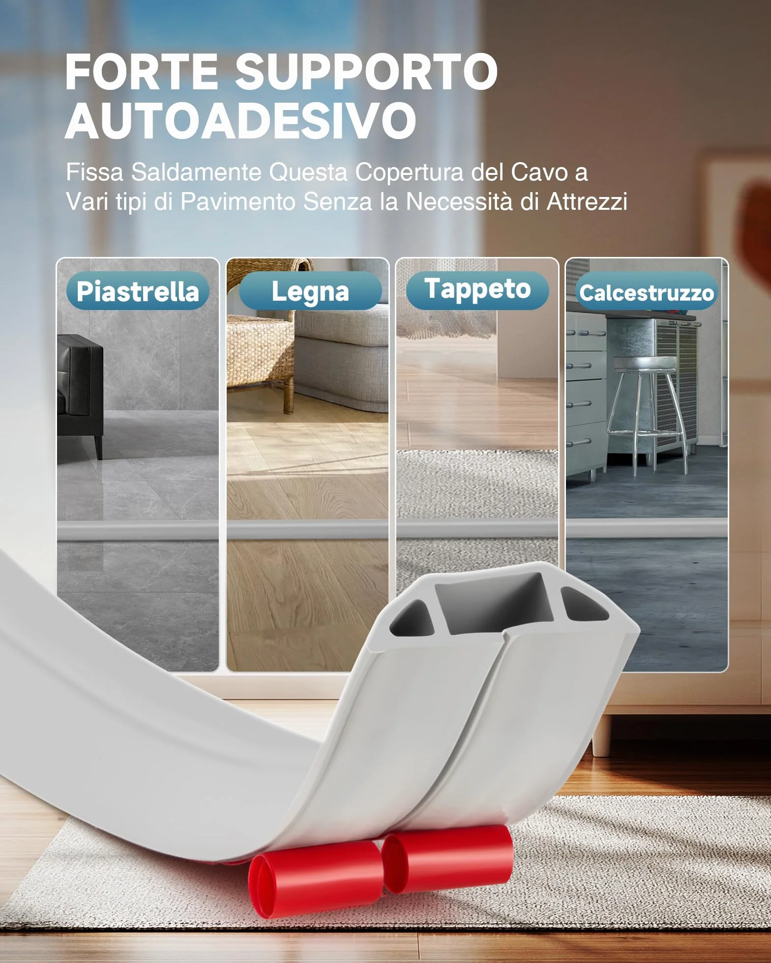 CREWORKS 1.8M Canalina Passacavi Pavimento 3 Canali, PVC Flessibile Calpestabile Adesiva Grigio