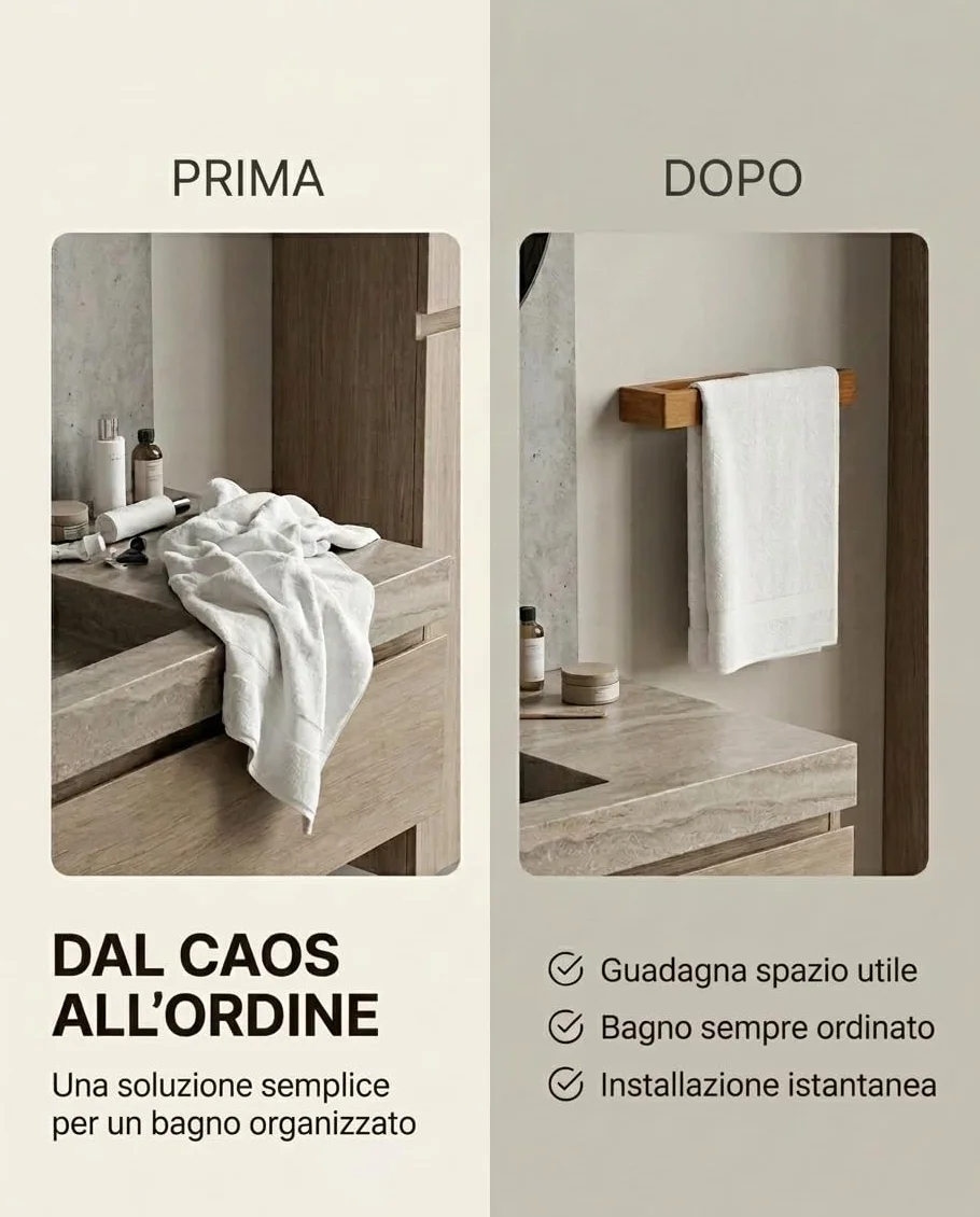 Porta Asciugamani Bagno Bambù Naturale 30cm Adesivo Extra Forte Resistente all'Umidità