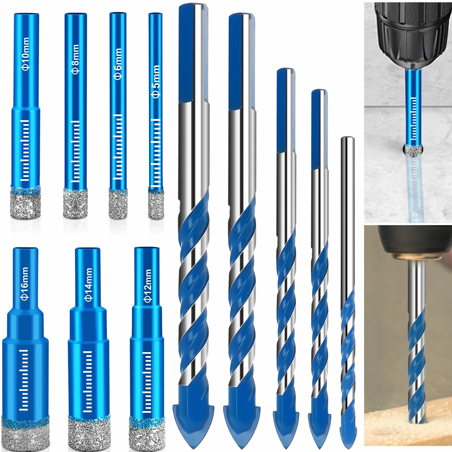 Set di Punte per Gres Porcellanato 12 Pezzi, Punte Diamantate 5-16mm e Carburo 6-12mm per Granito, Vetro, Piastrelle