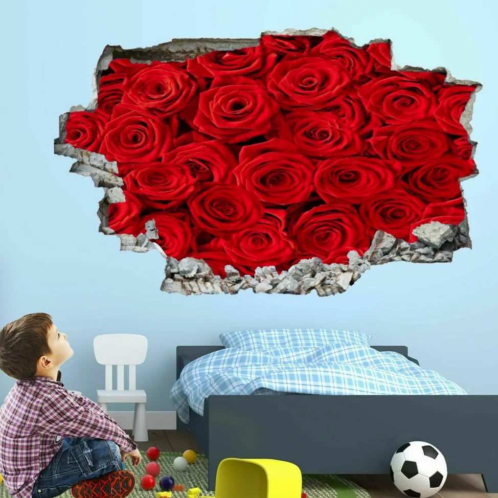 Decorazioni da parete Adesivi 3D fracassati Rosa rossa Rimovibile Art Wall Tattoo Pianta Famiglia Decalcomanie da muro per la casa Nursery Girls Bambini Soggiorno Camera da letto Decorazione