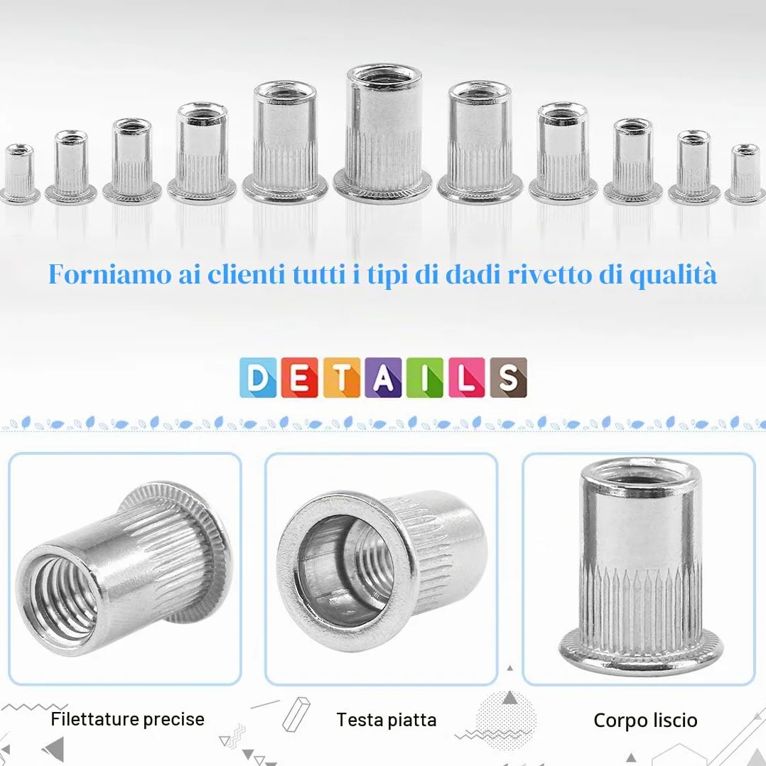 Glarks 180pcs Flat Head Rivet Nut Assortiment Kit, Inserisci in acciaio inossidabile Rivnut, Rivetti a filettatura metrici