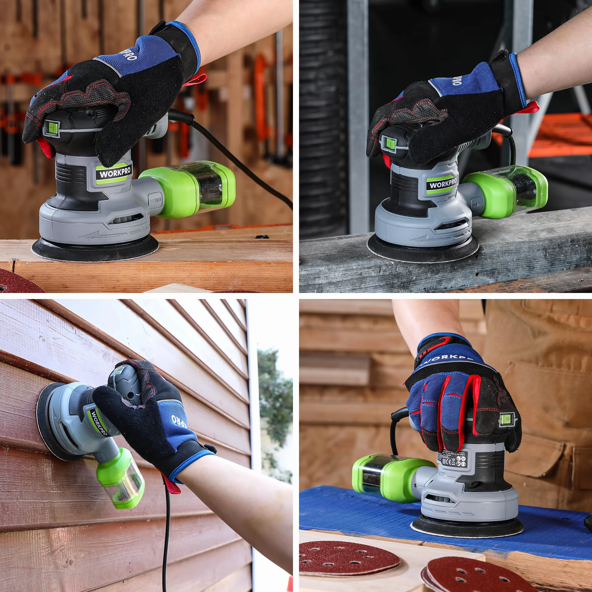WORKPRO Orbitale 125mm, Rotorbitale 300W 7000-13000 OPM, Eccentrica con Aspirazione e Contenitore Polvere, 20 Pezzi Carta Abrasiva