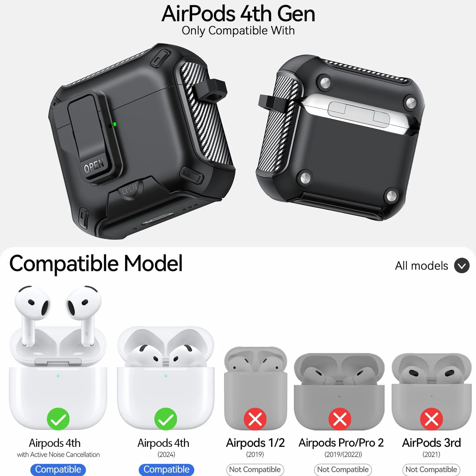 Compatibile con Custodia AirPods 4 con supporto per telefono, Cover in design fibra di carbonio per AirPods 4 versione ANC con chiusura automatica a scatto e pennello per pulizia (Nero) | Autopop - Supporto magnetico posteriore in fibra di carbonio, con p