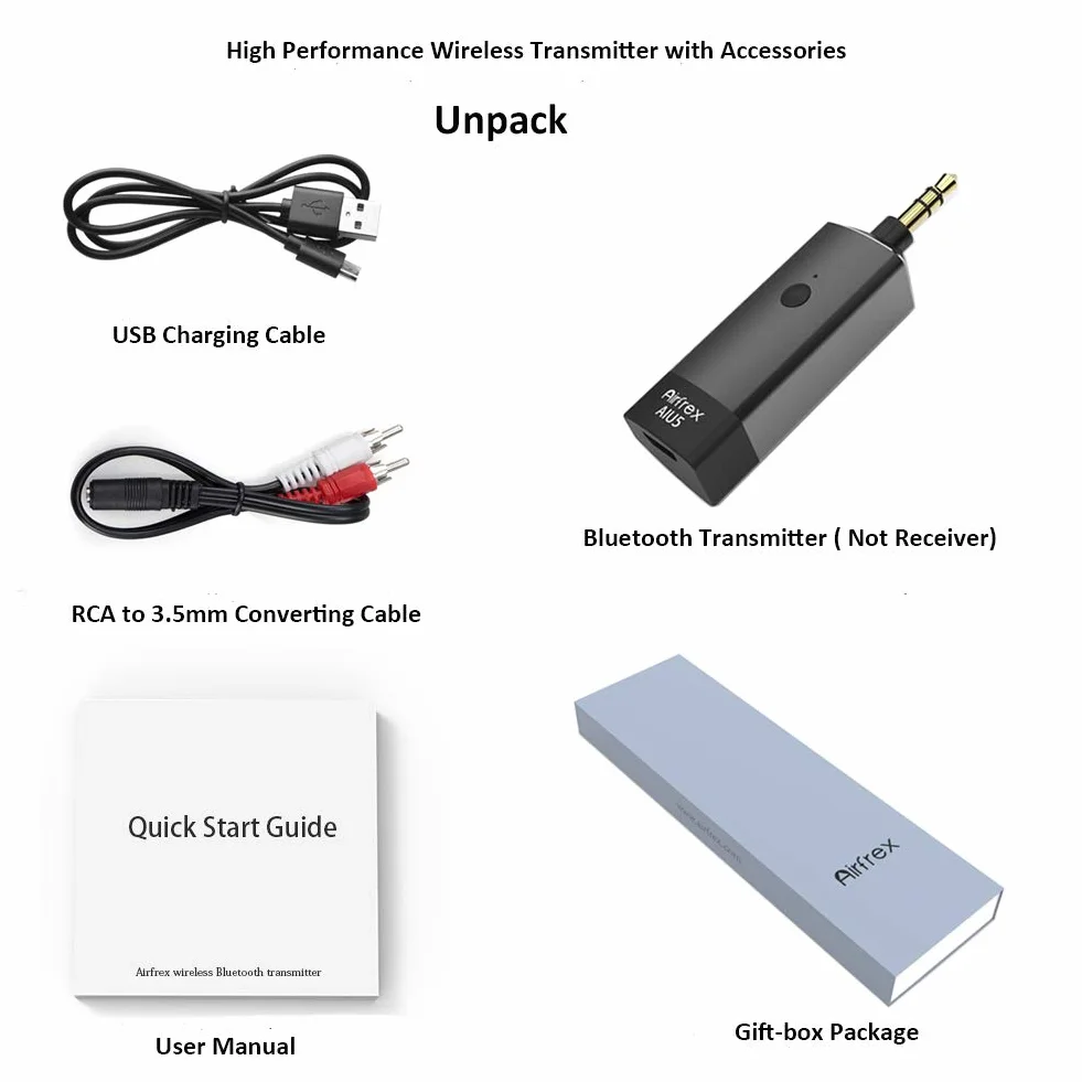 Trasmettitore Bluetooth Airfrex compatibile con cuffie Bluetooth e altoparlante Bluetooth/ricevitore Bluetooth, funziona con MP3 / Walkman / PS4 / Nintendo Switch e altri lettori musicali