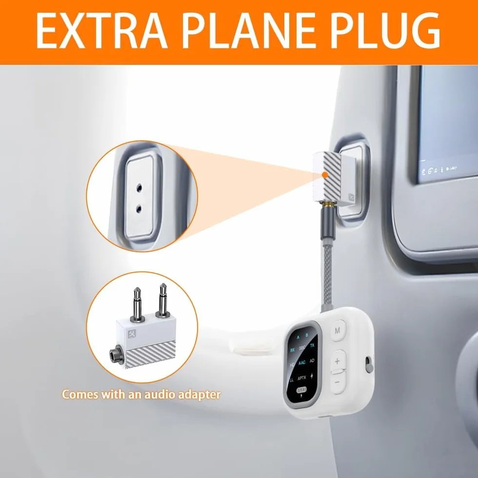 Adattatore Bluetooth 5.3 ANRBONICS per Aereo, Supporta 2 AirPods e Cuffie Wireless Dual, Trasmettitore Ricevitore Audio aptX Adaptive con Jack AUX 3,5mm per TV (Oro)