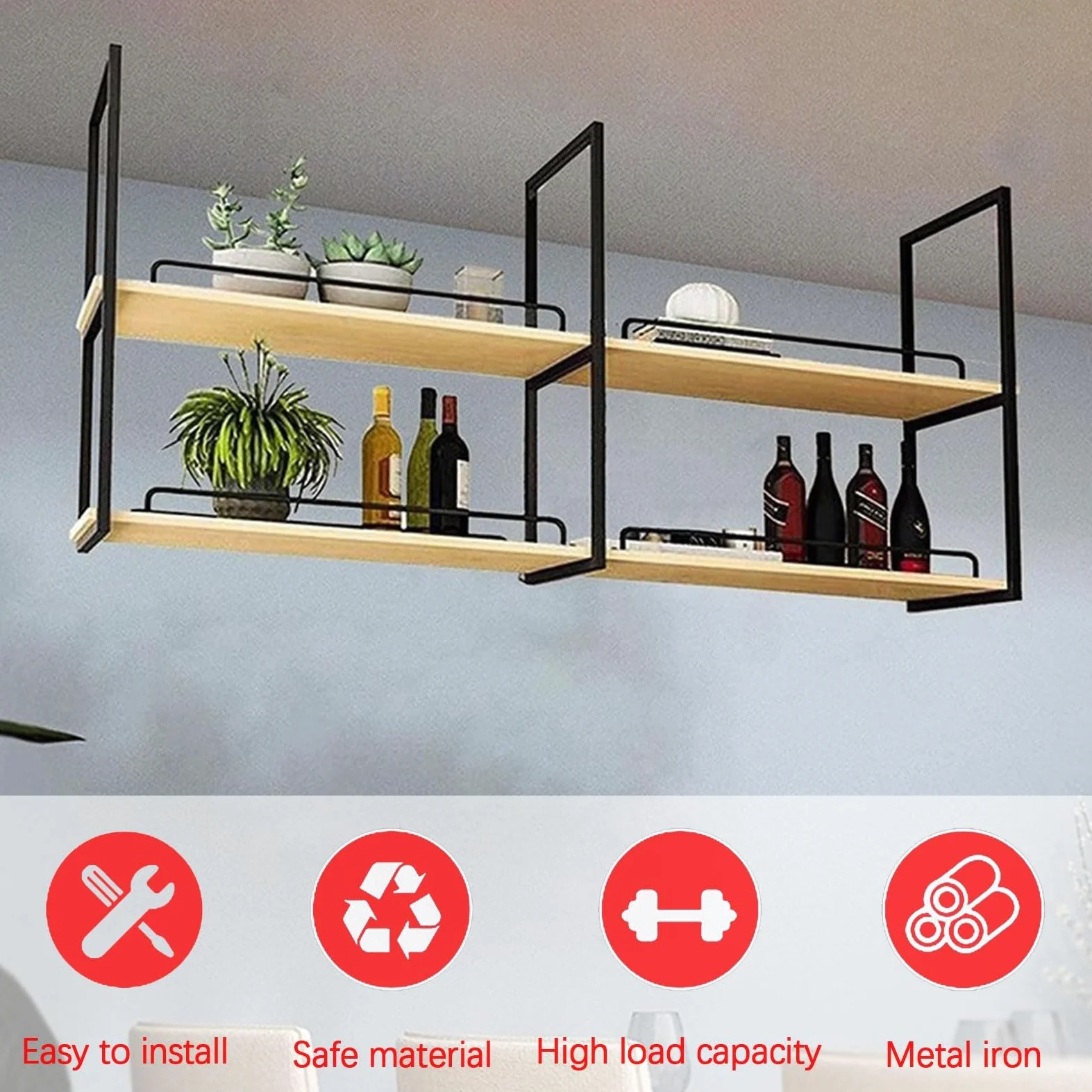 Mensole da appendere in ferro da parete, elegante espositore da soffitto per cucina, bar e piante, facile da installare, portaoggetti decorativo con guardrail - Supporto artistico salvaspazio