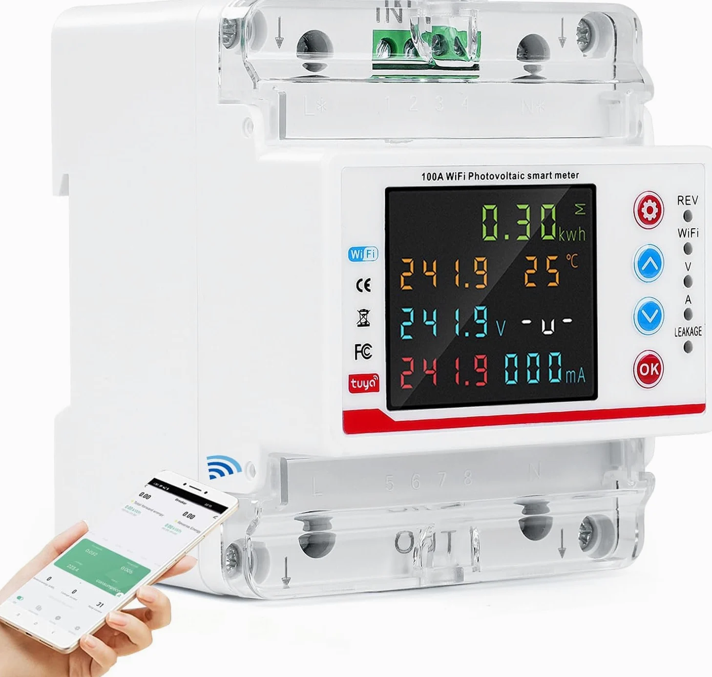 WiFi Contatore Energia Elettrica Monofase, Tuya Smart Misuratore di Consumo Elettrico AC 80-300V 100A Multifunzione Wattmetro Voltmetro Amperometro con Protezione Multipla, Controllo del Tempo