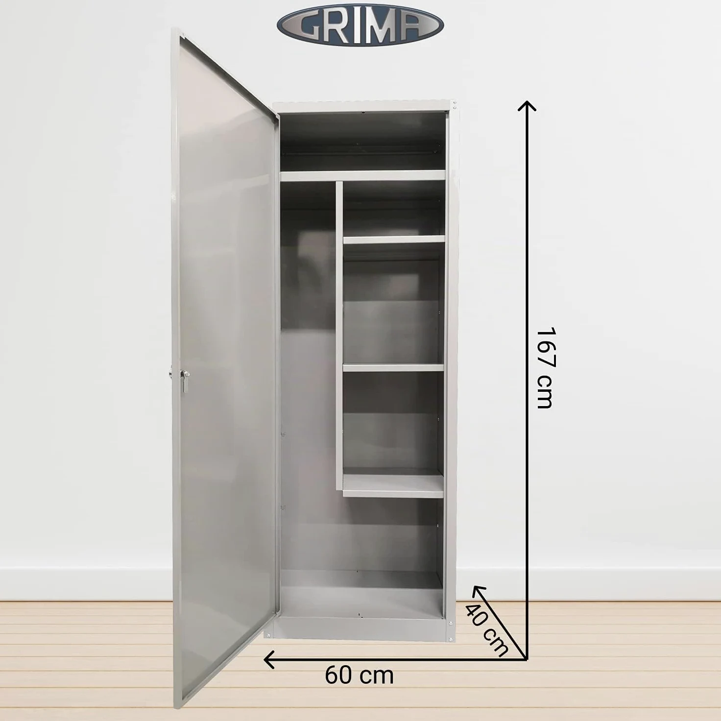 GRIMA Armadietto metallico singolo - 1 anta, 60x40x167 cm, porta scope, detersivi, spogliatoio, mobili multiuso