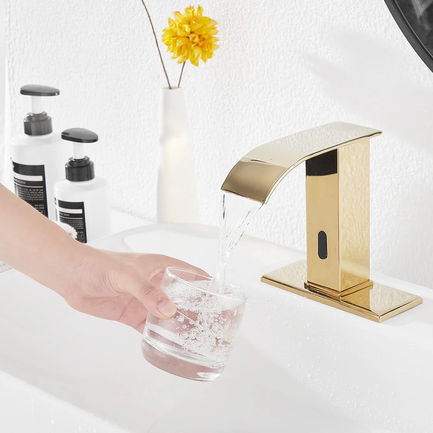 Oro Lucido Bagno Rubinetto Touchless Sensore Automatico Lavandino con Coperchio Foro Rubinetto Vanity Mani Free Cascata Scatola Controllo Miscelatore Temperatura