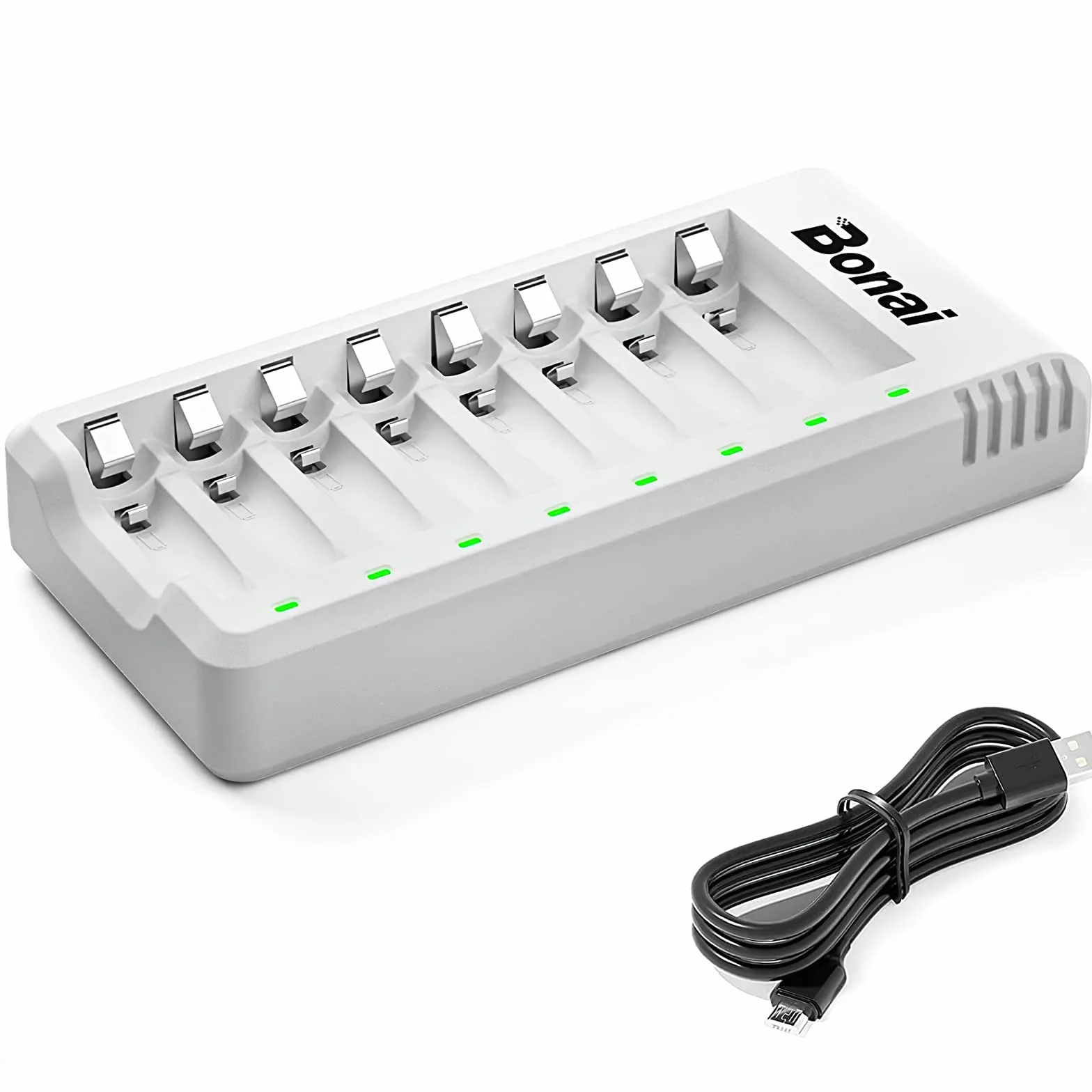 BONAI Caricabatterie Pile Ricaricabili AA AAA con Indicatori LED, Carica Batterie 8 Slot Indipendenti per Ni-MH, Caricatore Intelligente con Ingresso USB per Pile Stilo e Ministilo