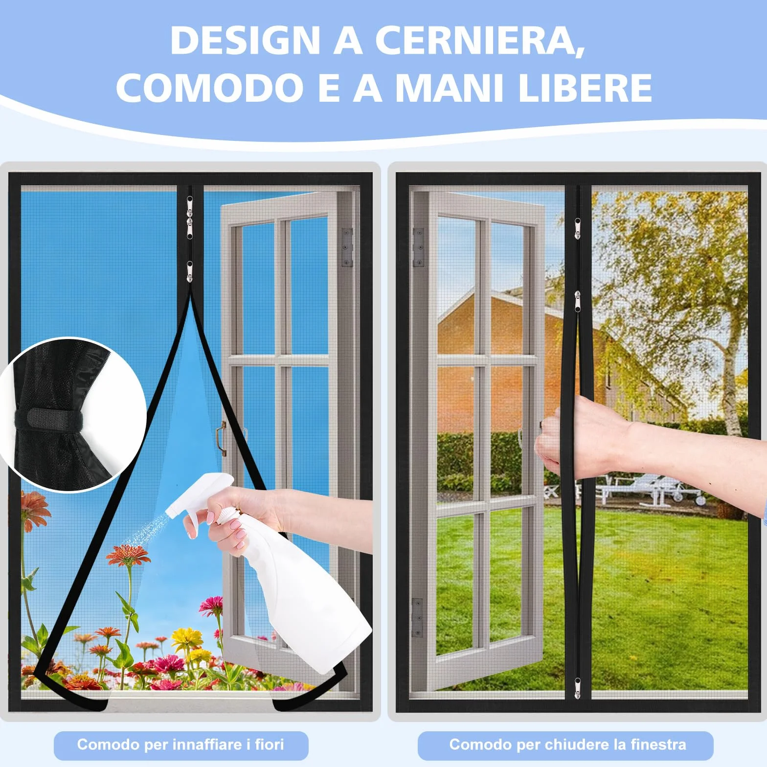 Zanzariere per Finestre con Cerniera Bidirezionale, 70x125 cm, Maglia in PP Antizanzare Traspirante, Nero