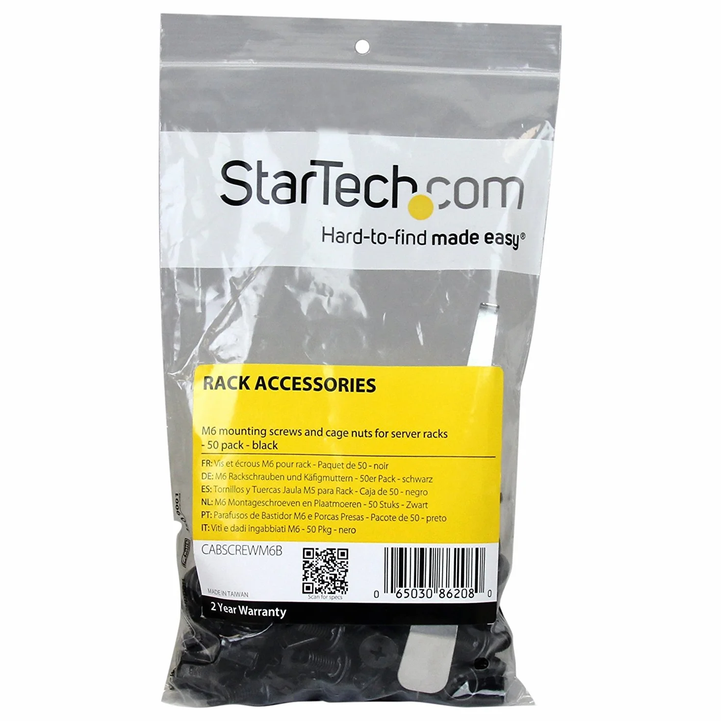 StarTech Viti e Dadi in Gabbia per Rack 19" e 10" con Fori Quadrati, Kit M6 12mm, Nero, Confezione da 50