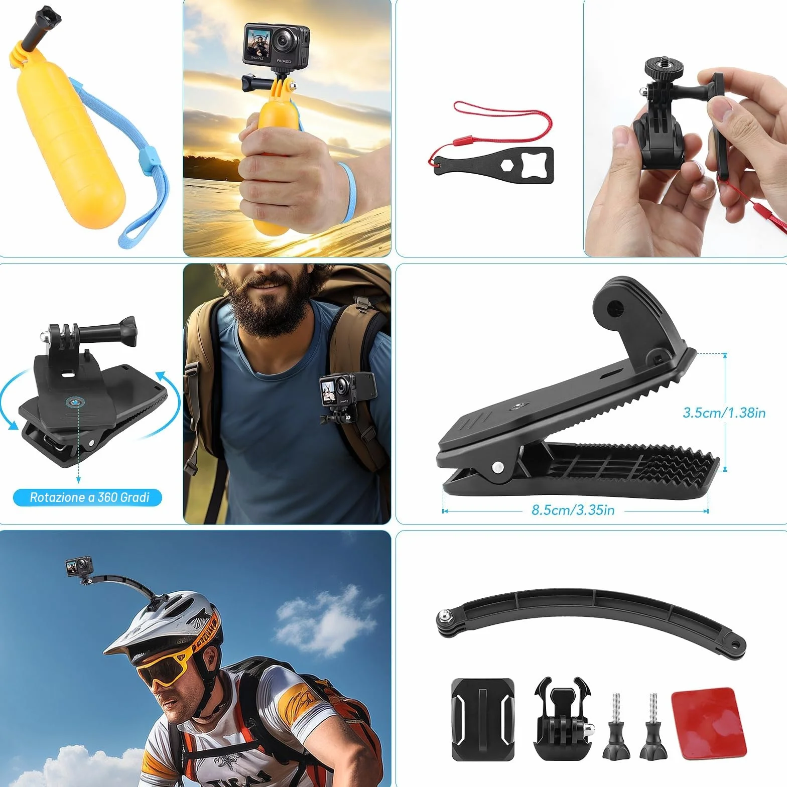Kit Accessori Action Cam, compatibile con GoPro, AKASO, Campark, Crosstour, APEMAN, COOAU, Apexcam, WOLFANG, Surfola, SJCAM